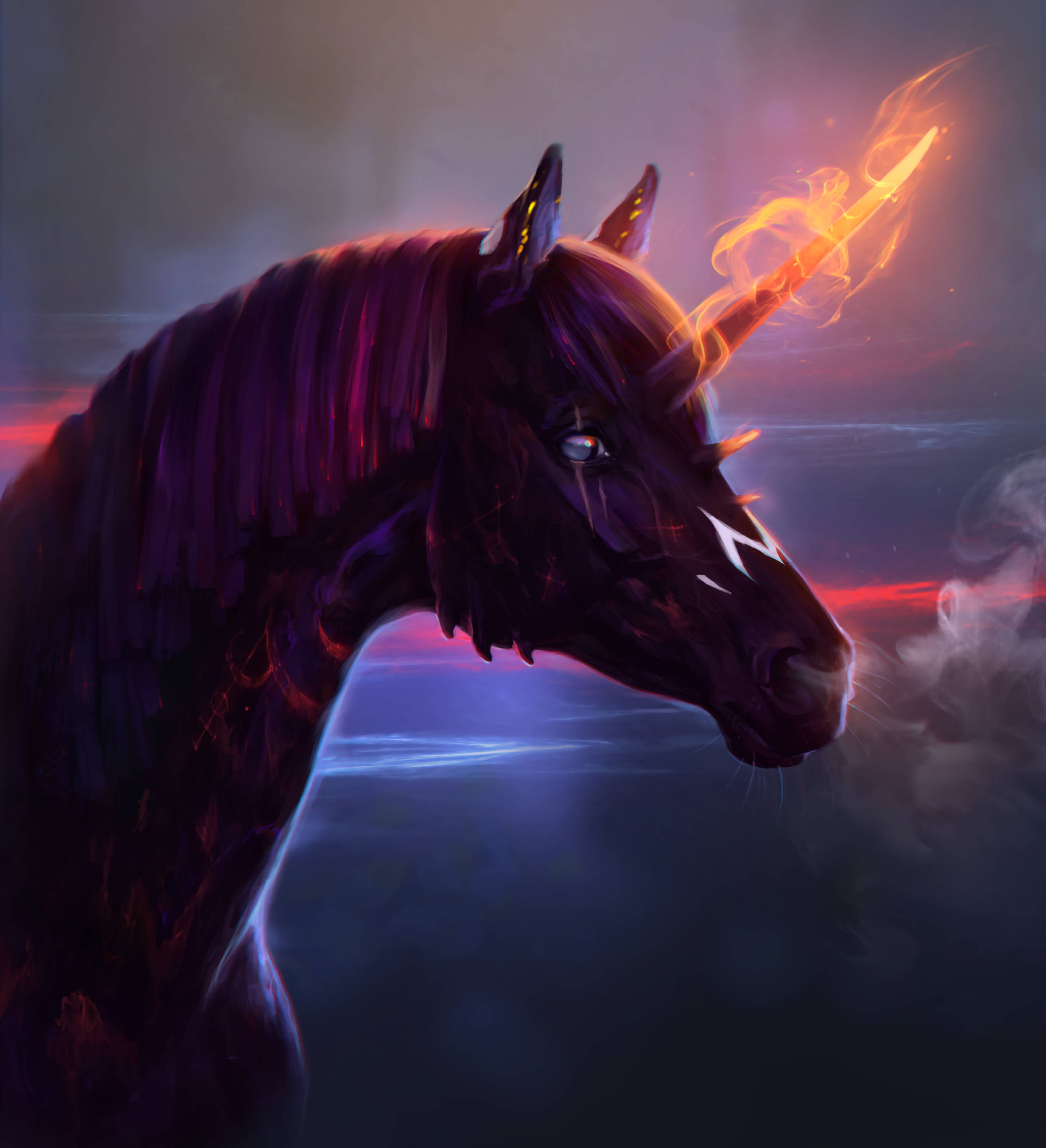 Unicorn, fiery glowing horn, twilight sky, 2K Phone Wallpaper