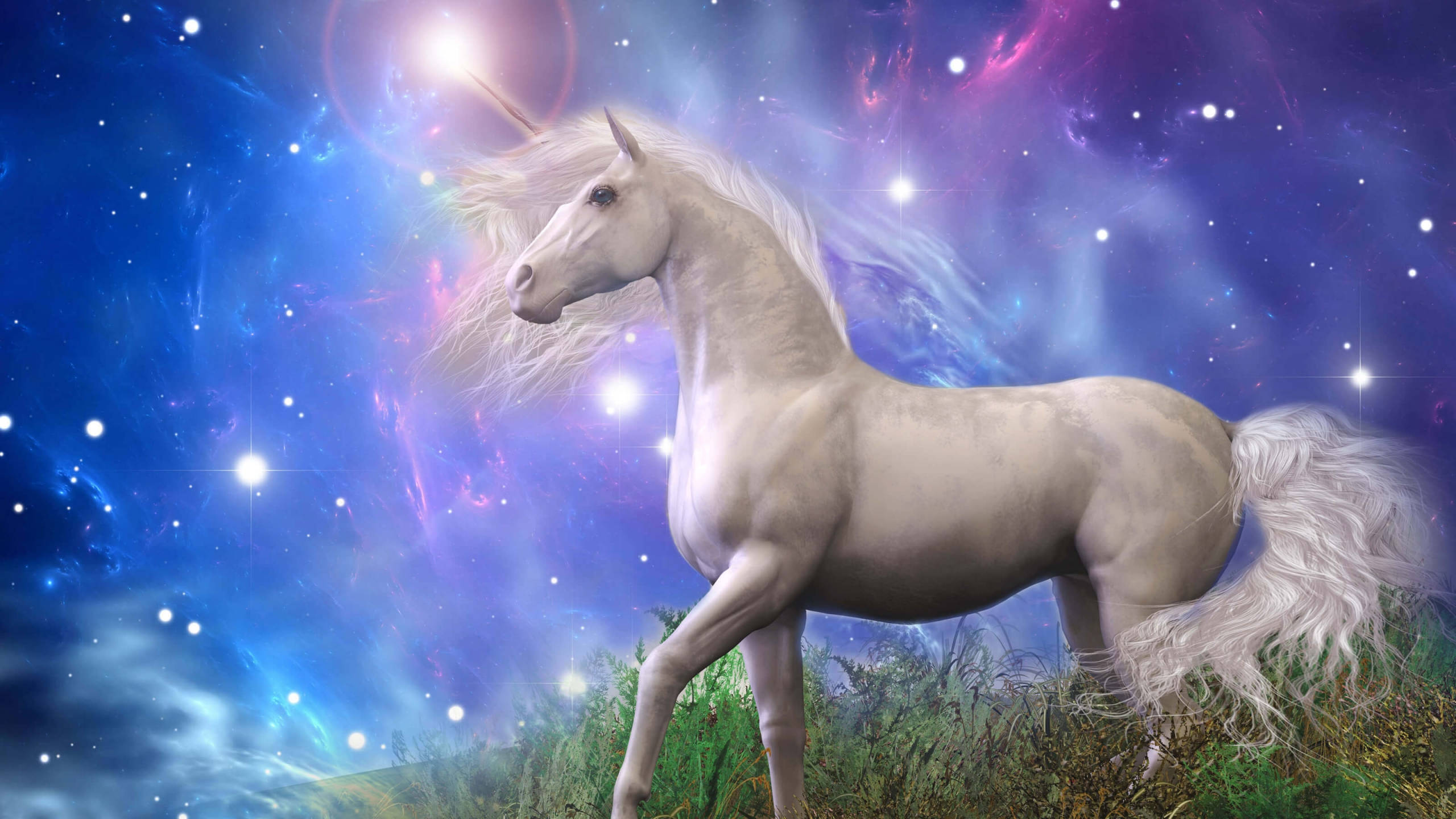 white galaxy unicorn, night sky, cosmic nebula, 2K Desktop Wallpaper