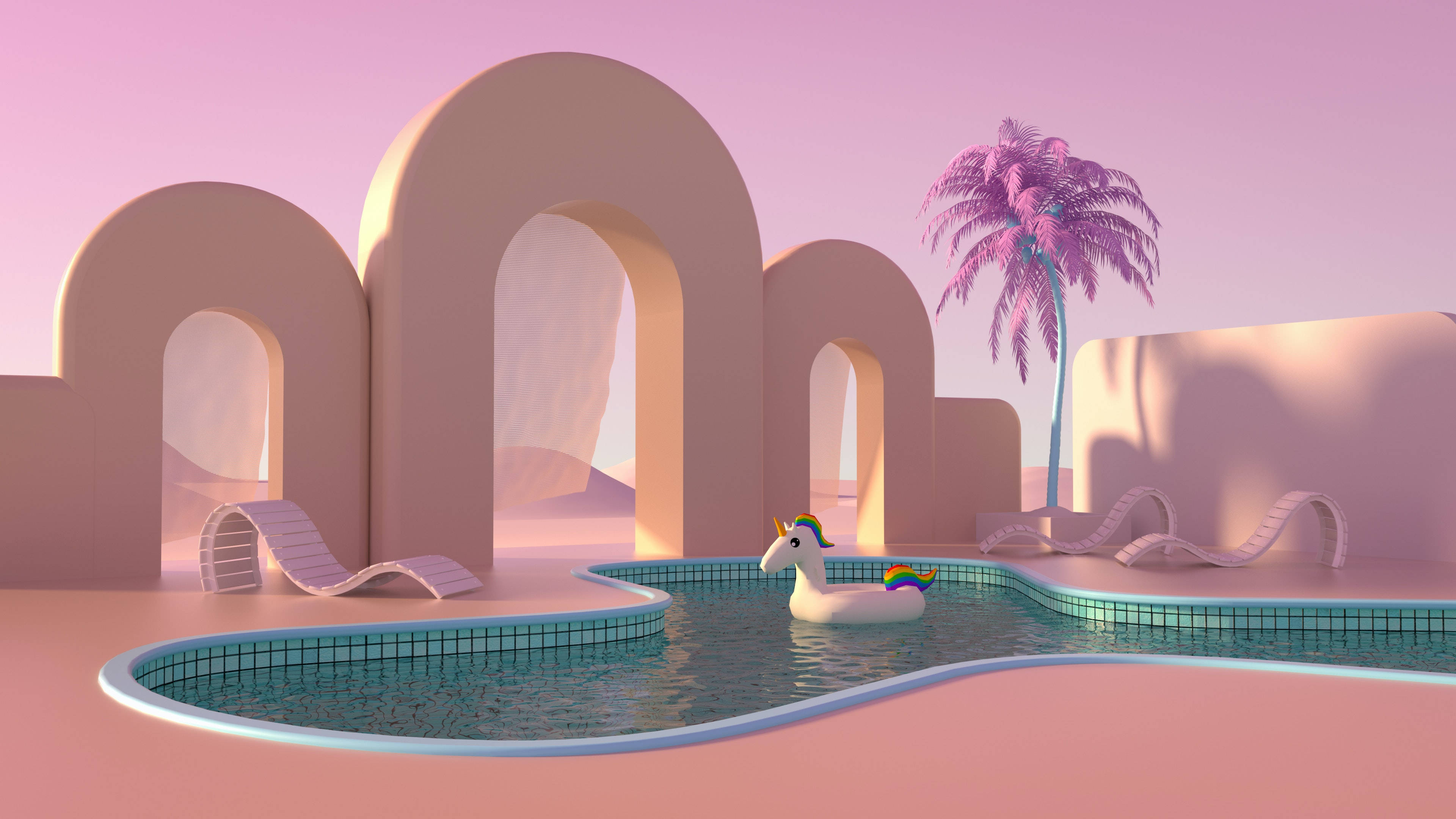 pink desert oasis, pastel arches, unicorn, 4K Desktop Wallpaper