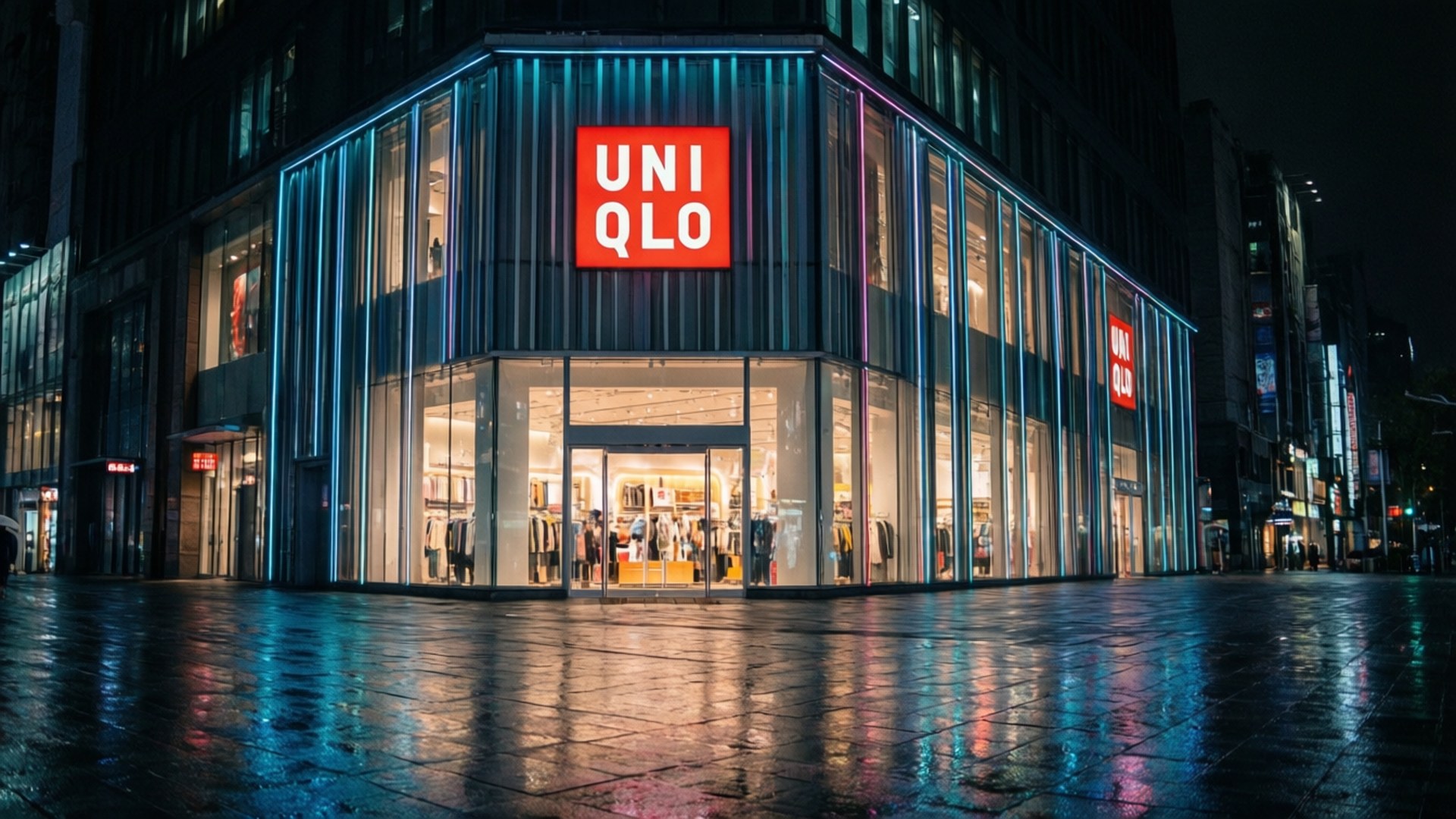 Uniqlo, night, neon lights, Full HD Desktop Wallpaper