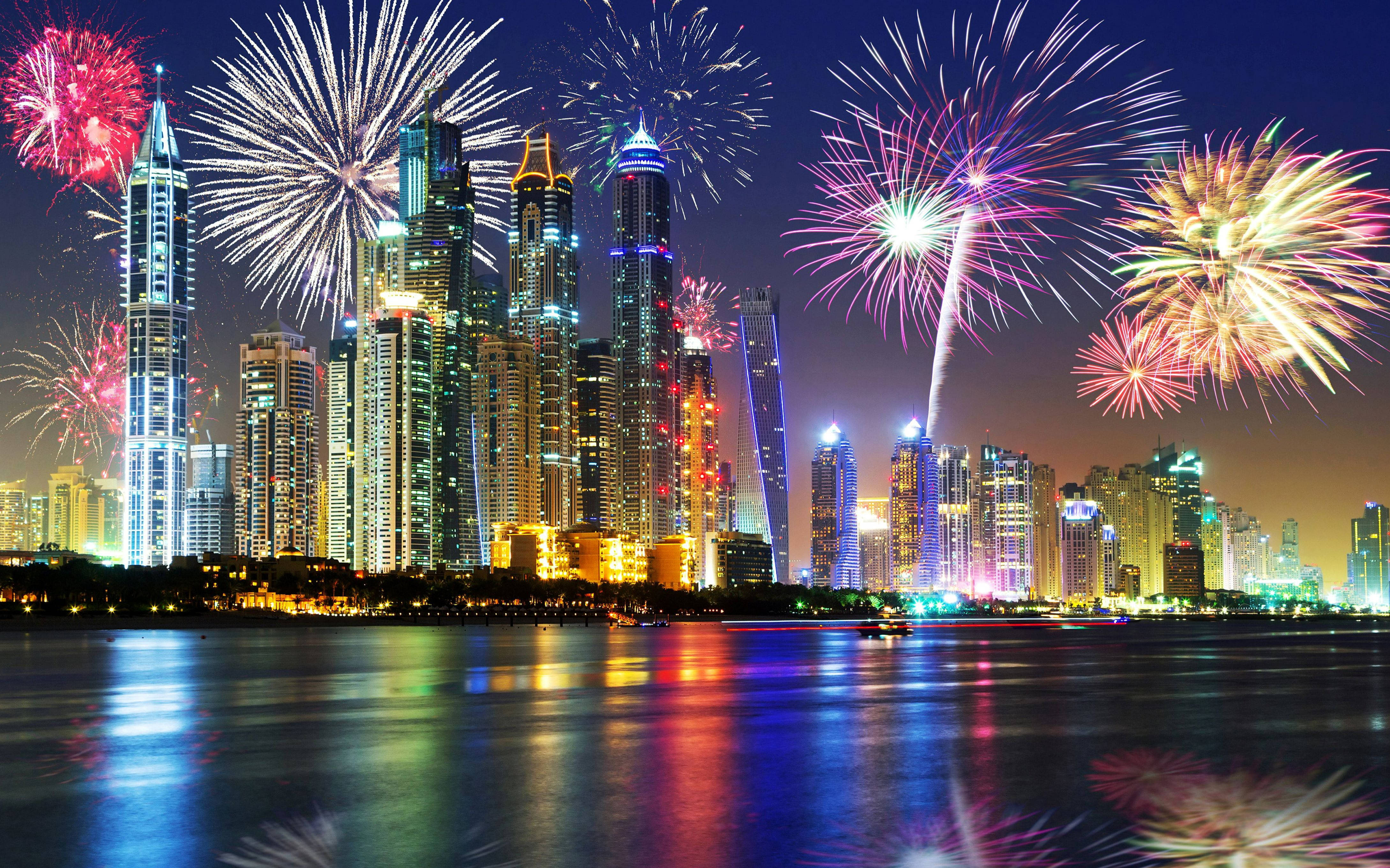 United Arab Emirates, fireworks display, futuristic city skyline, 4K Desktop Wallpaper