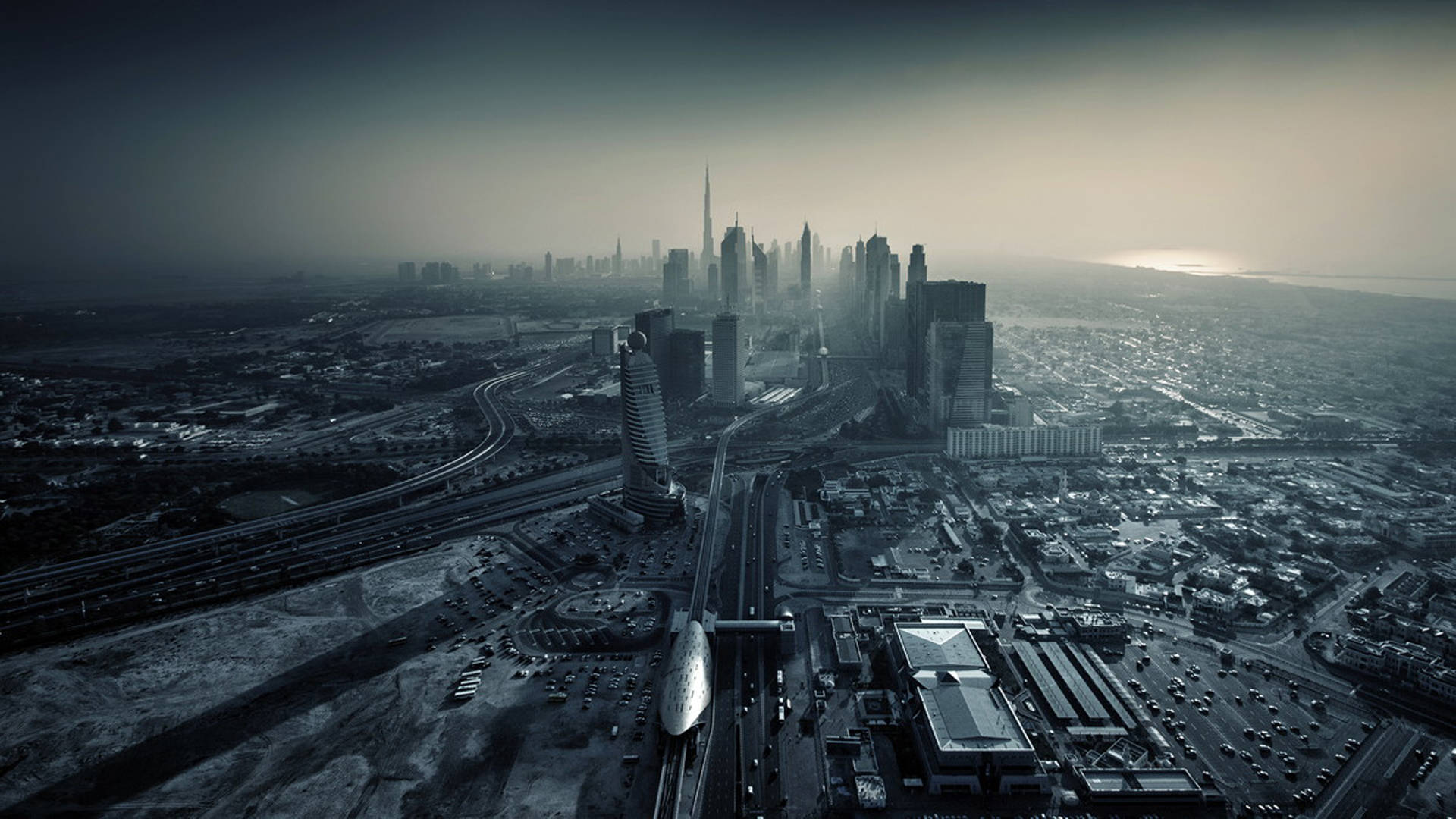 United Arab Emirates, panoramic, greyscale, Full HD Desktop Wallpaper