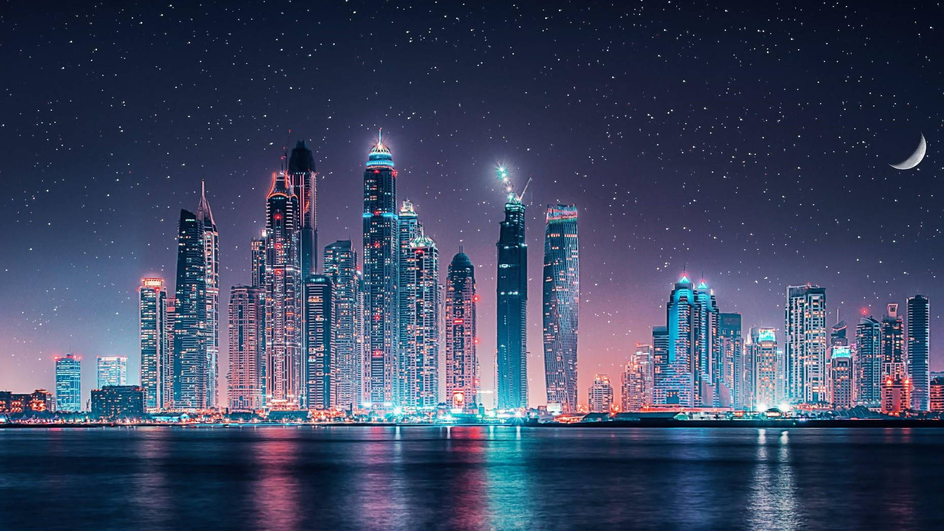 United Arab Emirates, starry sky, crescent moon, HD Desktop Wallpaper
