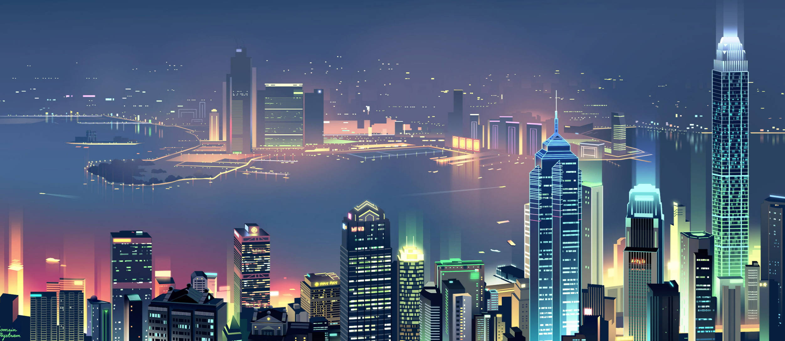 United Arab Emirates, neon-lit cityscape, towering skyscrapers, Full HD Desktop Wallpaper