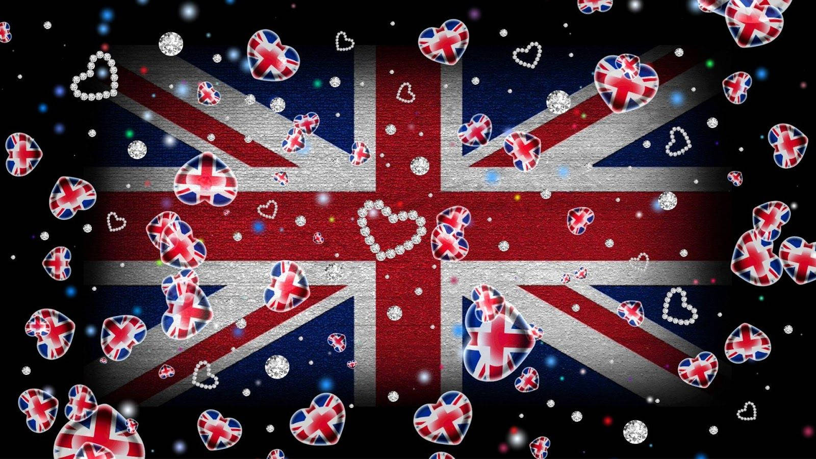 United Kingdom flag, sparkling hearts, diamonds, HD Desktop Wallpaper