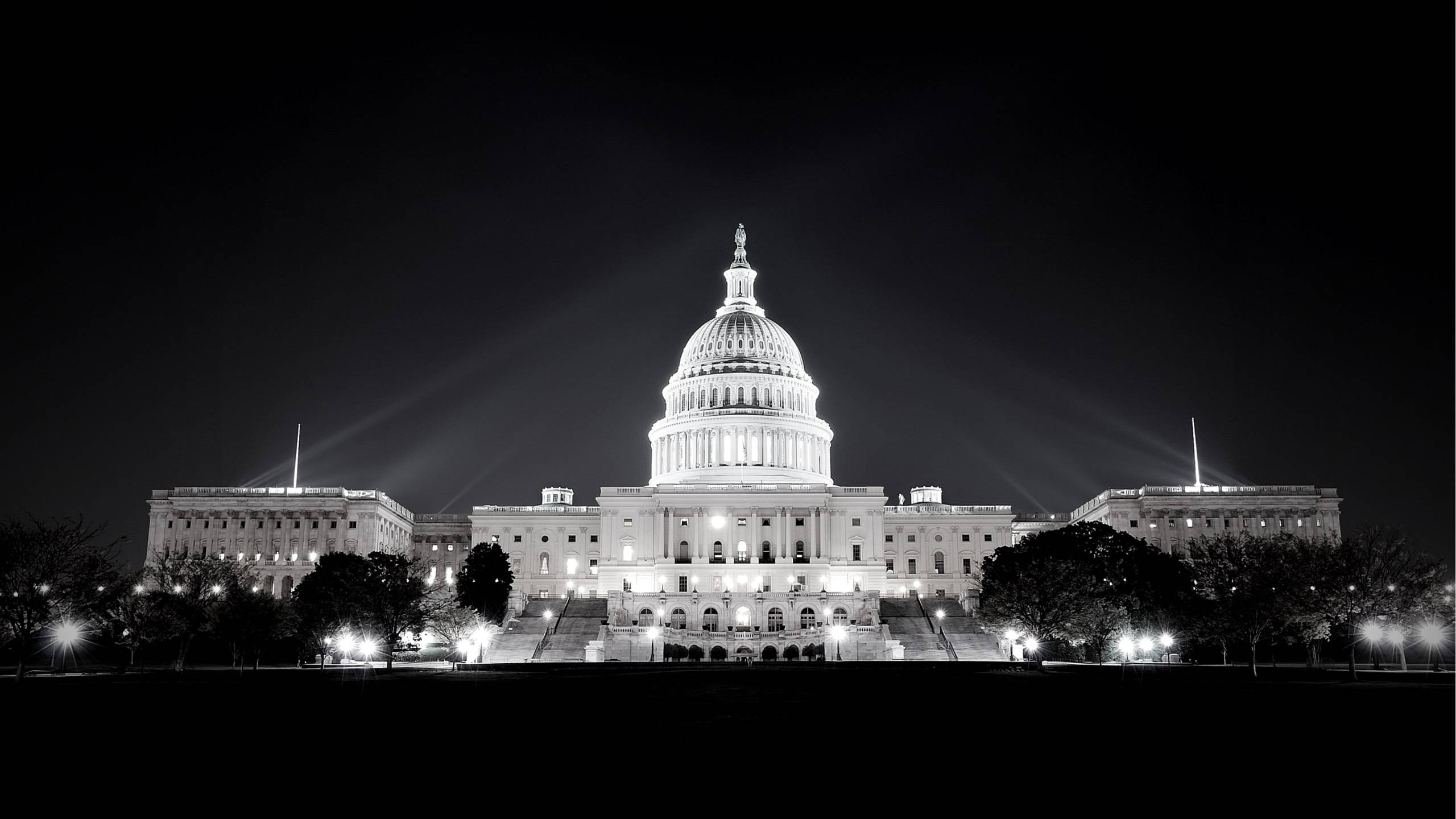 United States Capitol, night, dramatic spotlights, 2K Desktop Wallpaper