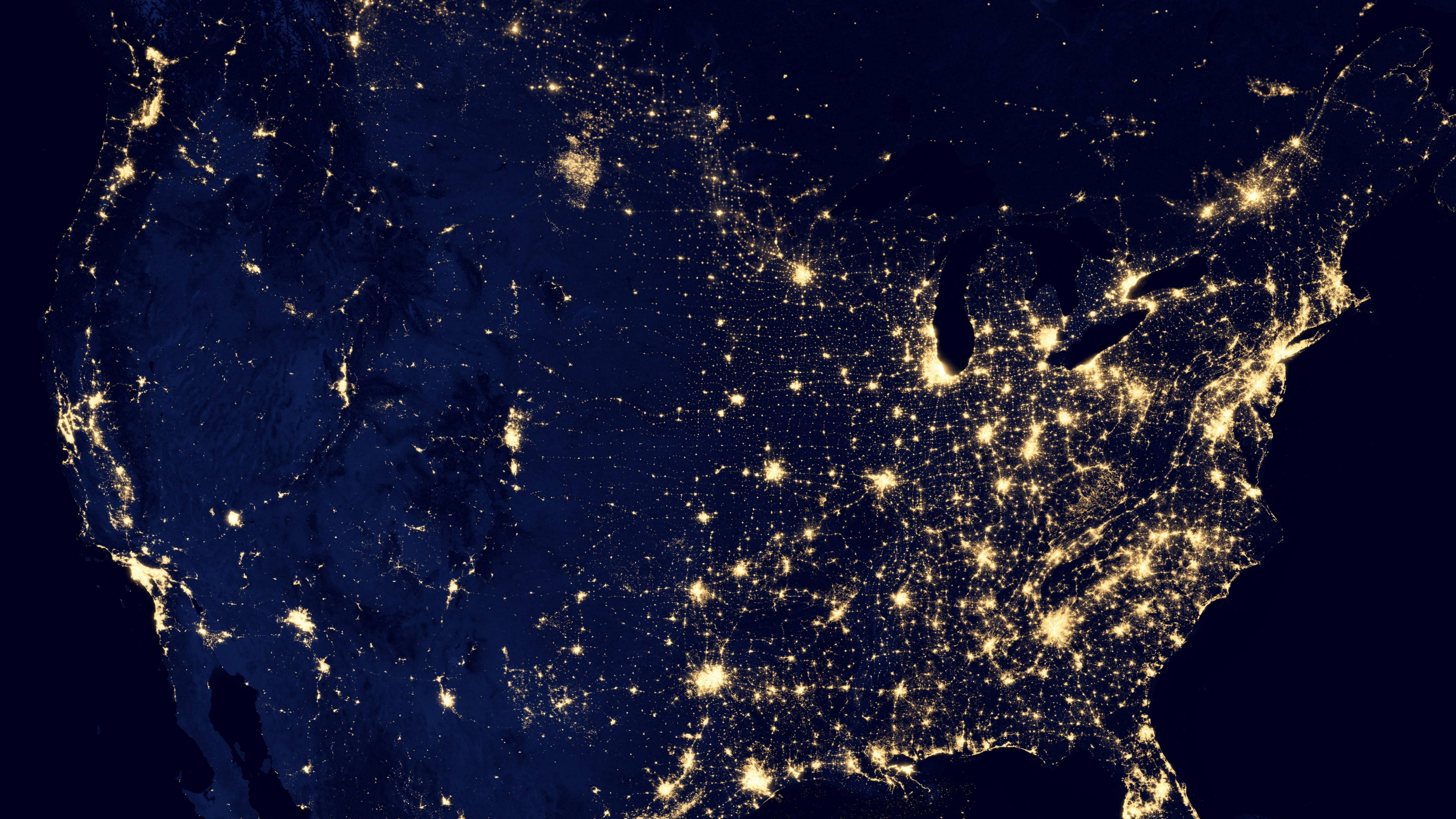 United States Map, night aerial view, glowing city lights, 4K Desktop Wallpaper