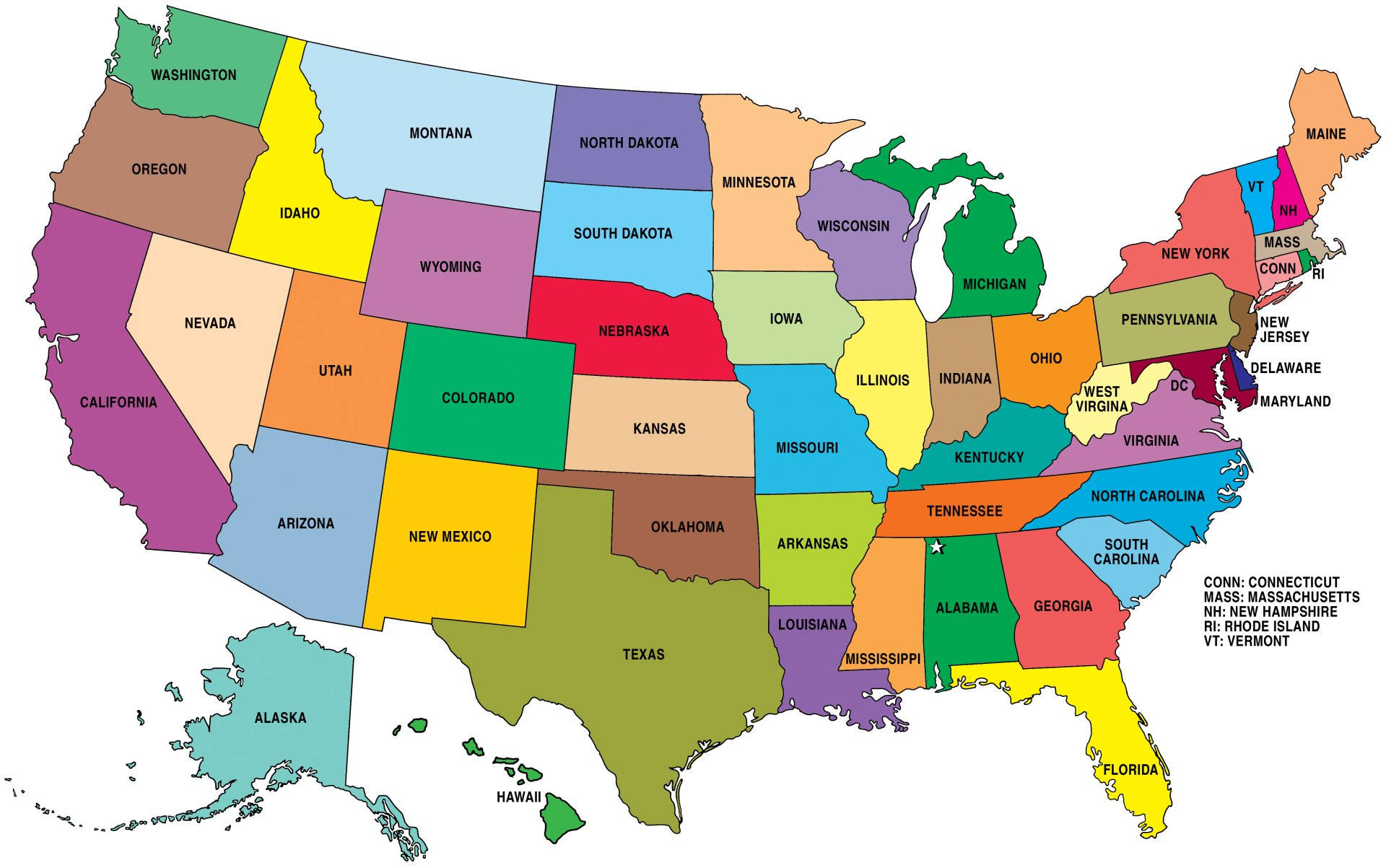 United States Map, colorful border, each state uniquely shaded, Full HD Desktop Wallpaper