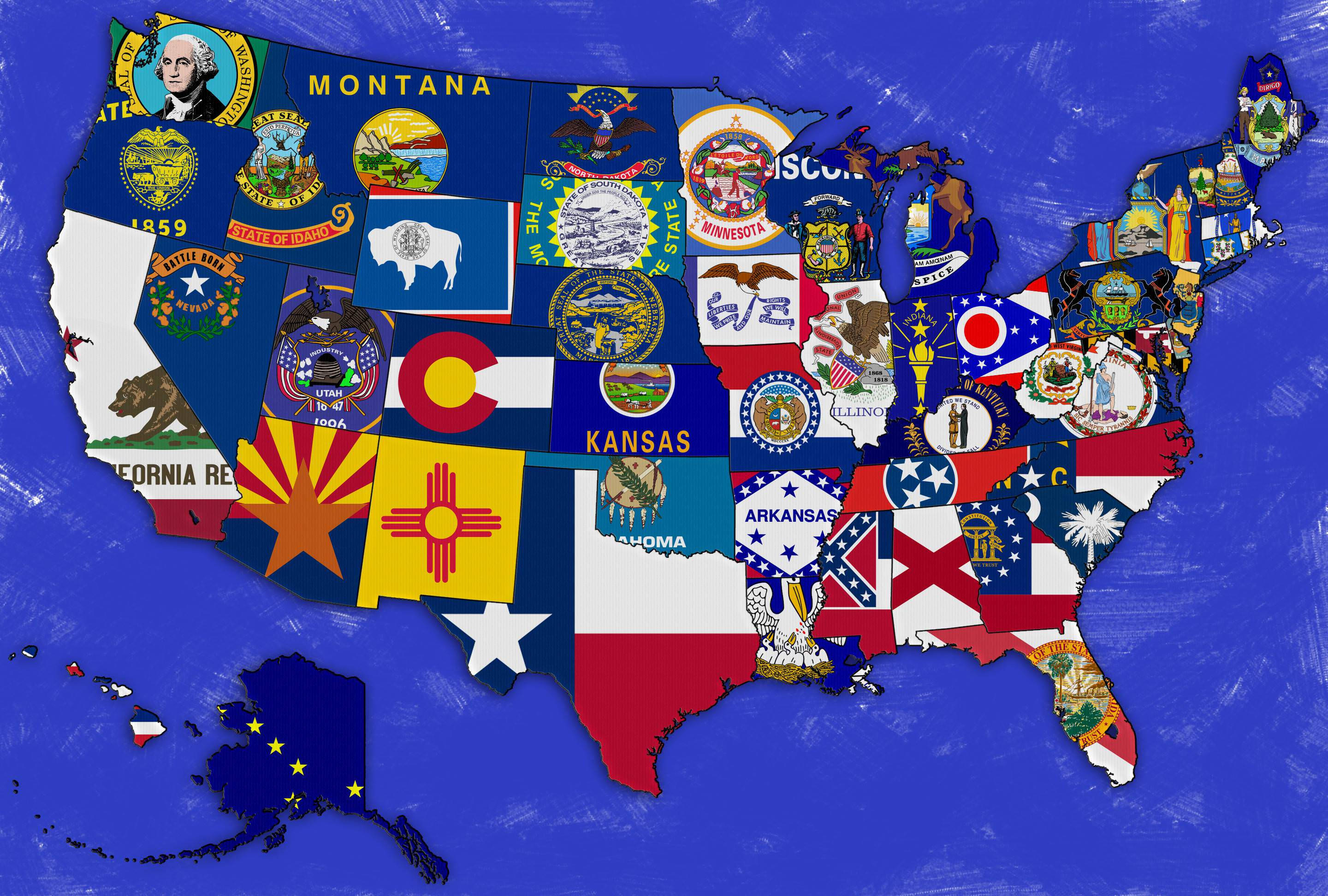 United States Map, textured blue background, state's flag, 2K Desktop Wallpaper