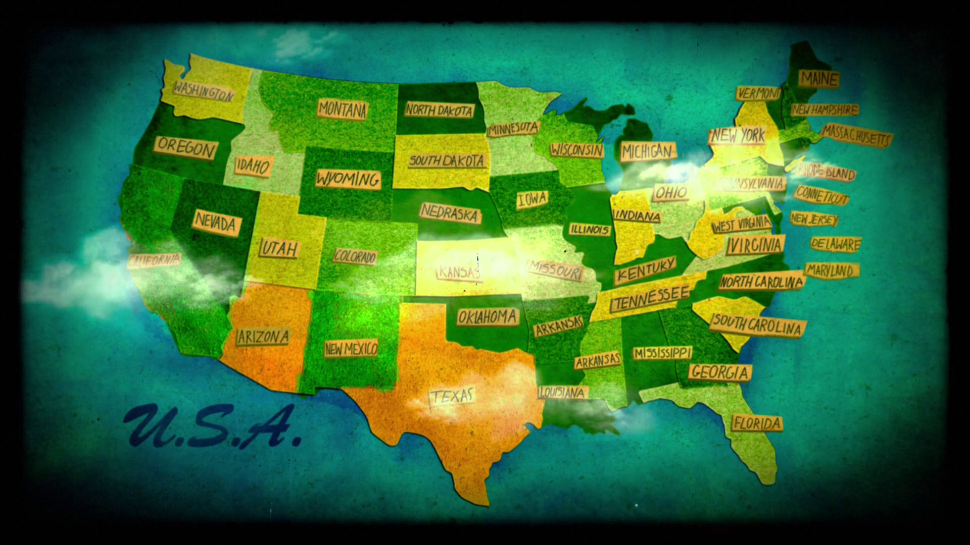 United States Map, yellow tags, teal background, Full HD Desktop Wallpaper