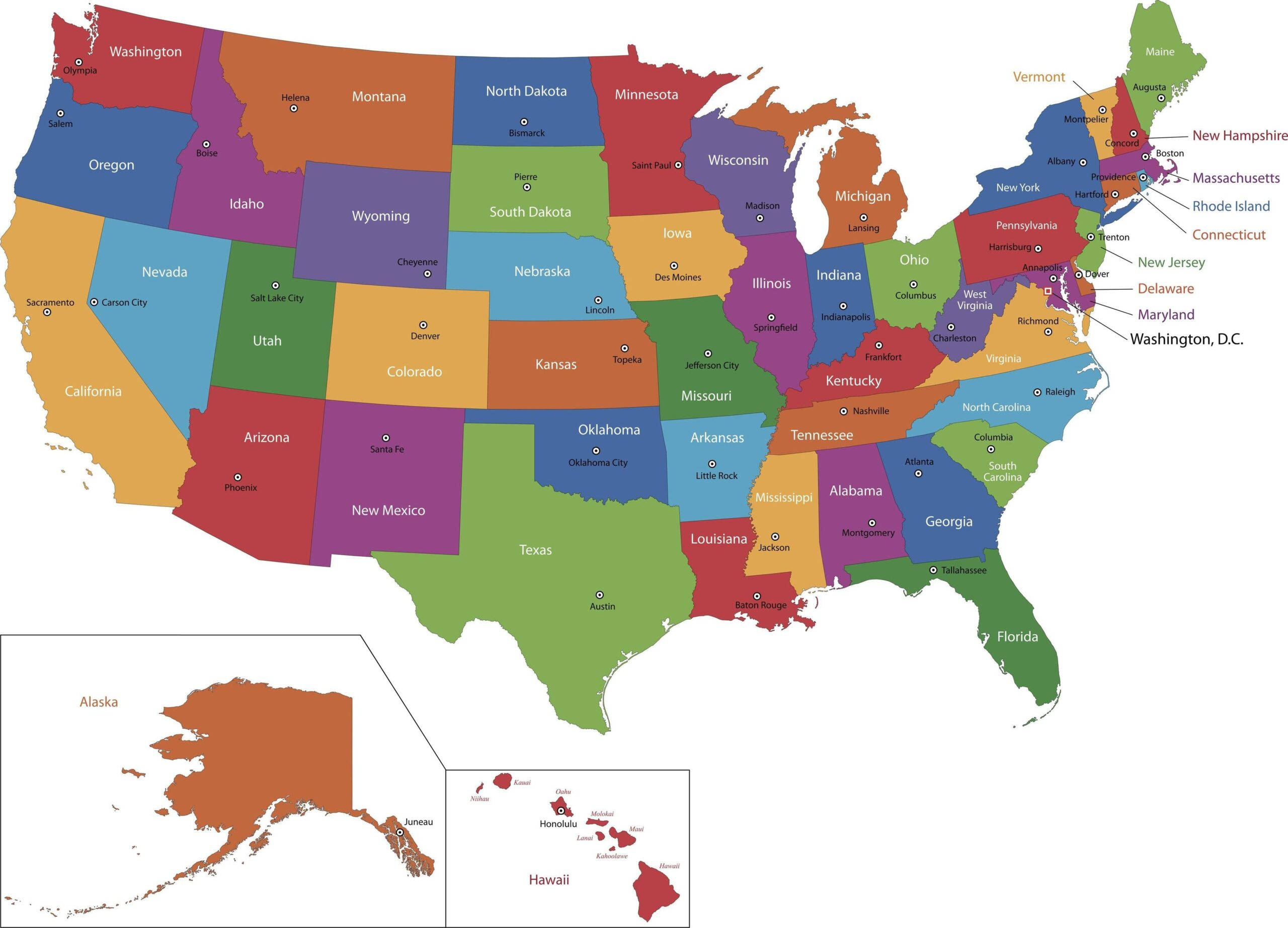 United States Map, political map, each state in a distinct hue, 2K Desktop Wallpaper