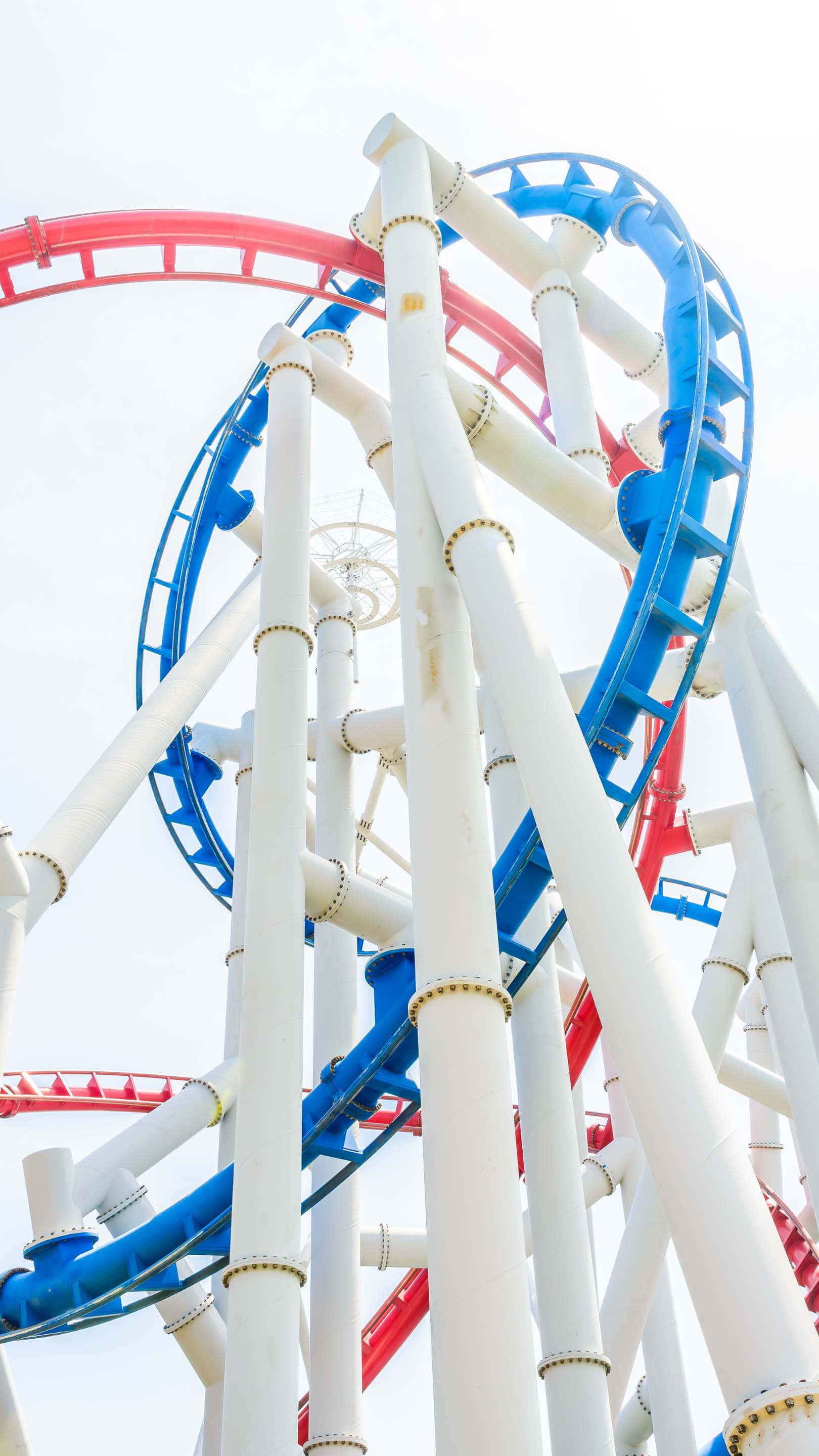Universal Studios Singapore, roller coaster, red blue and white tracks, 2K Phone Wallpaper
