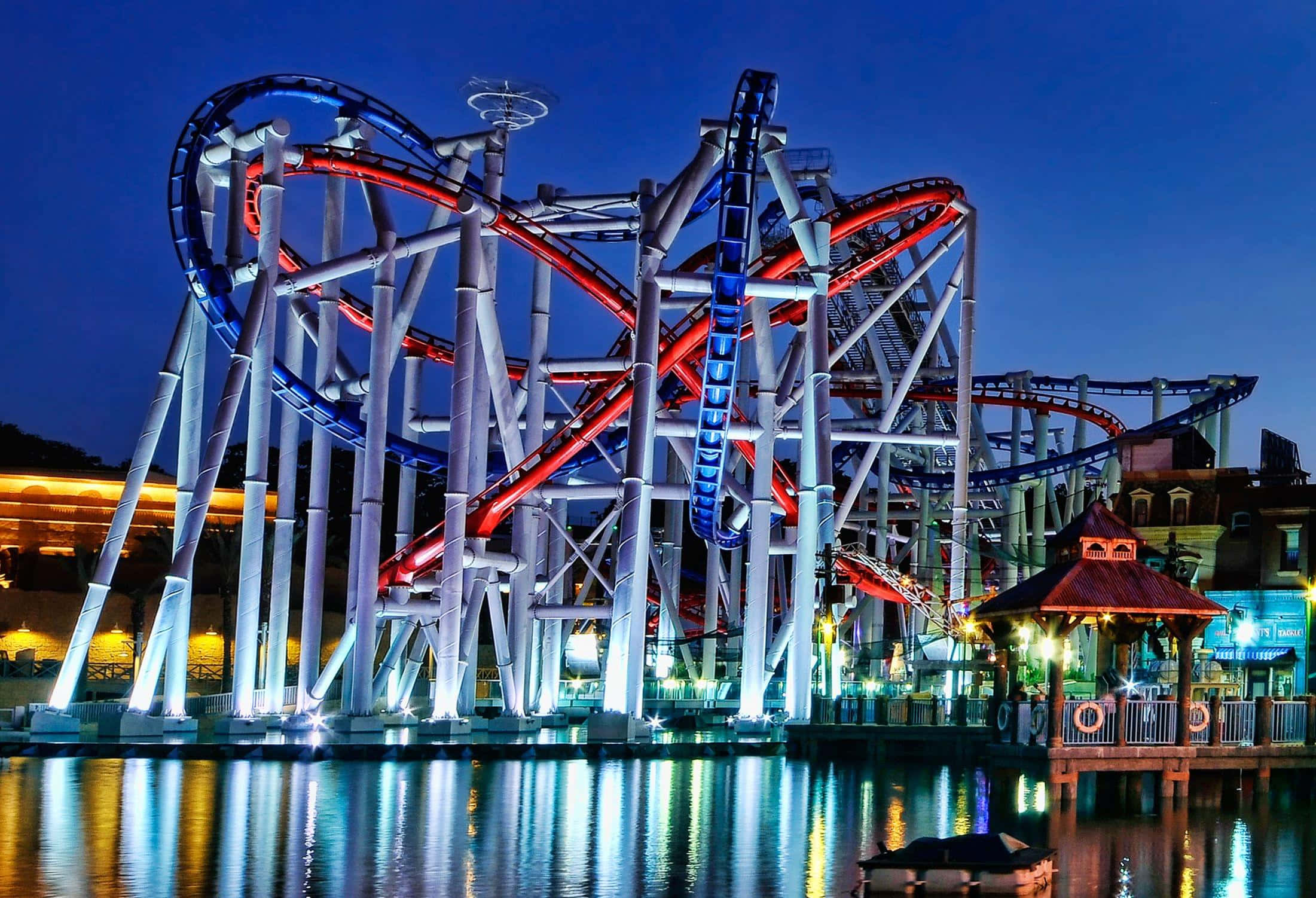 Universal Studios Singapore, roller coaster, red and blue tracks, Full HD Desktop Wallpaper