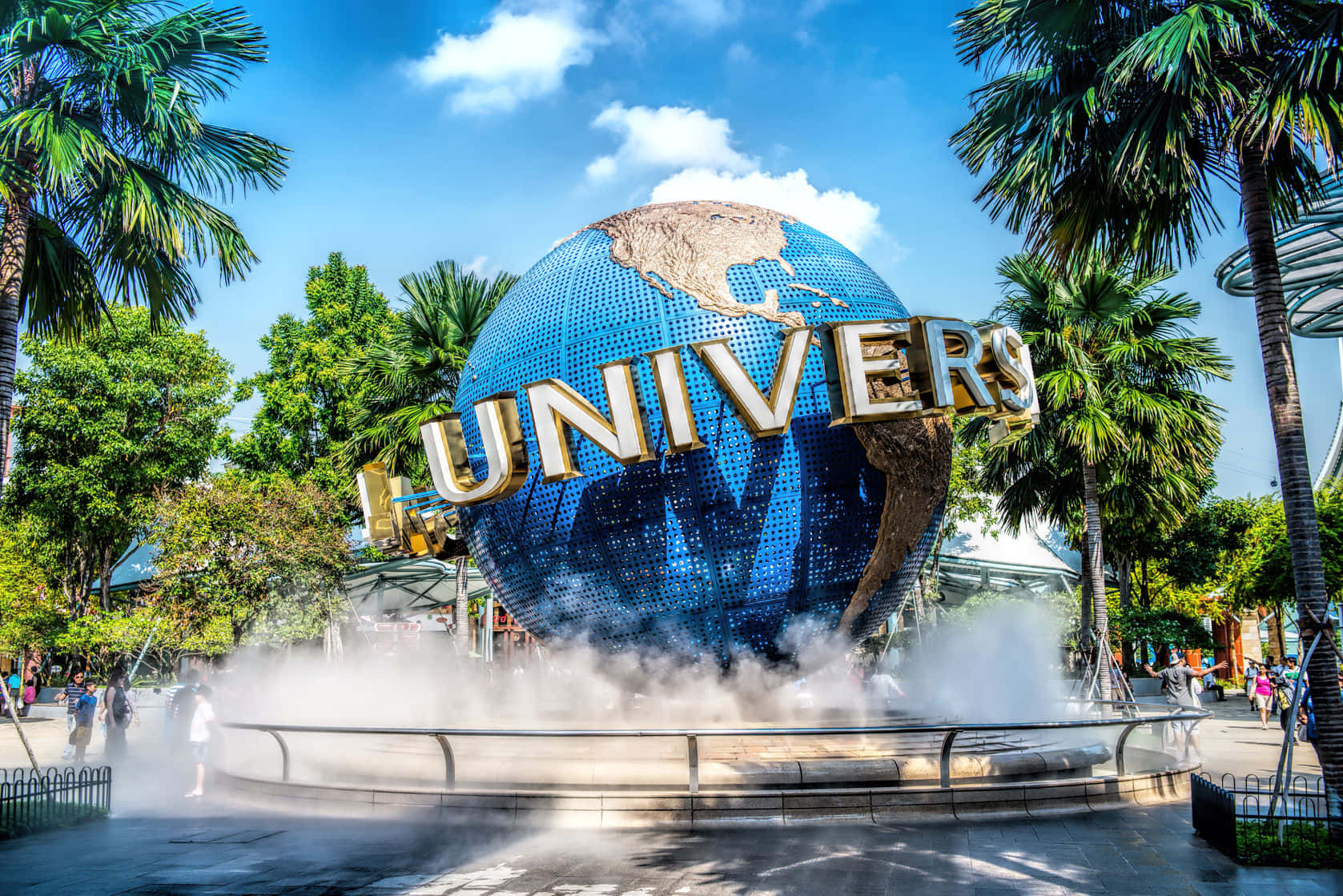 Universal Studios Singapore, giant blue globe, gold letters, HD Desktop Wallpaper