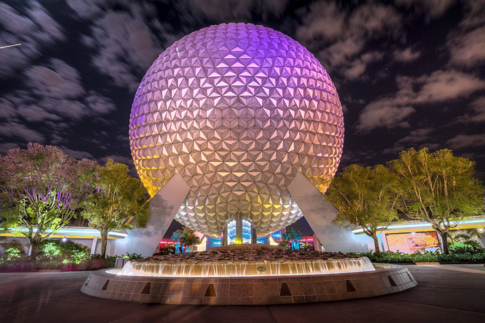Universal Studios, geodesic sphere, purple and gold lights, HD Desktop Wallpaper