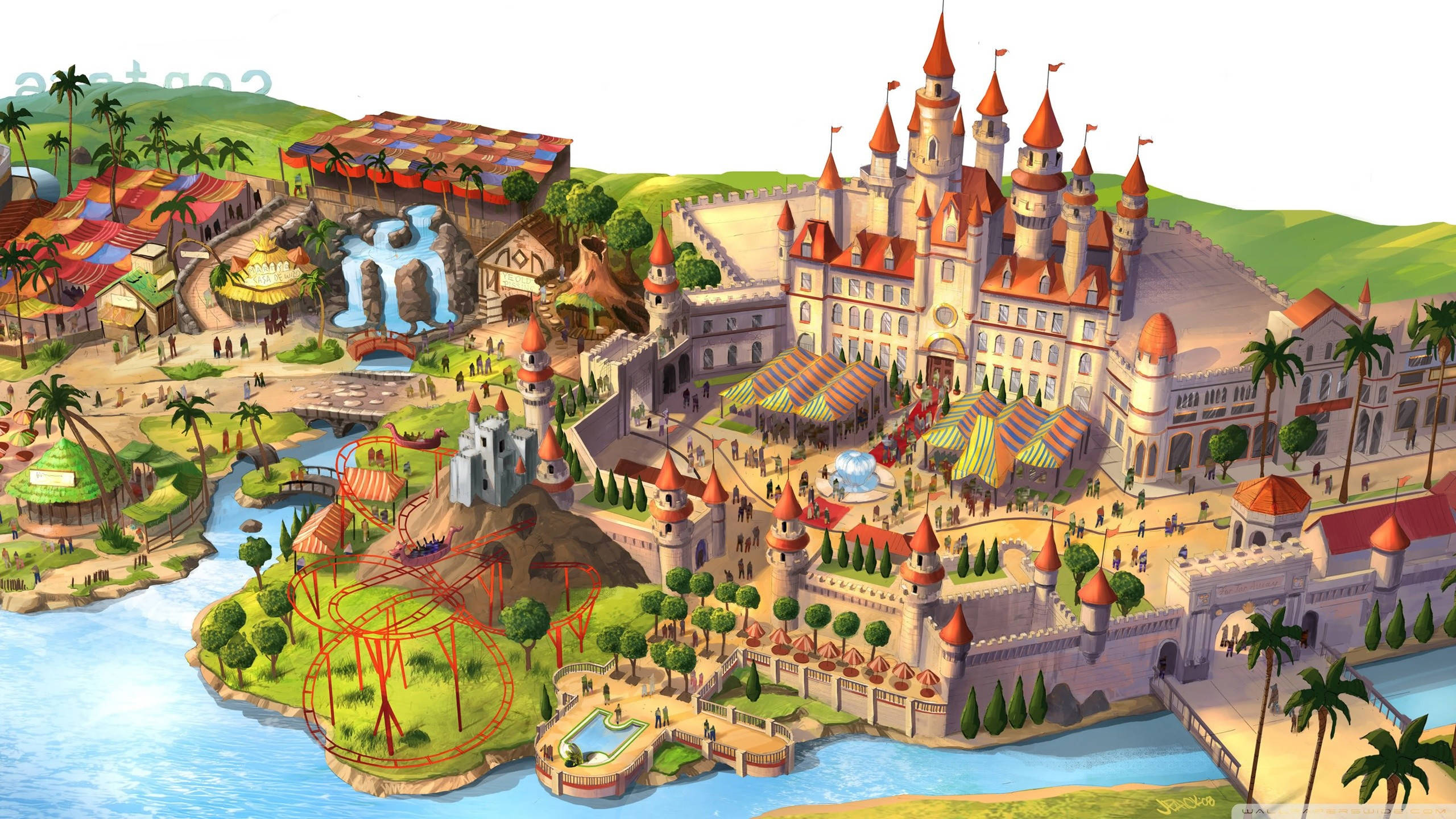 Universal Studios, 3D Map, castle roller coaster, 2K Desktop Wallpaper