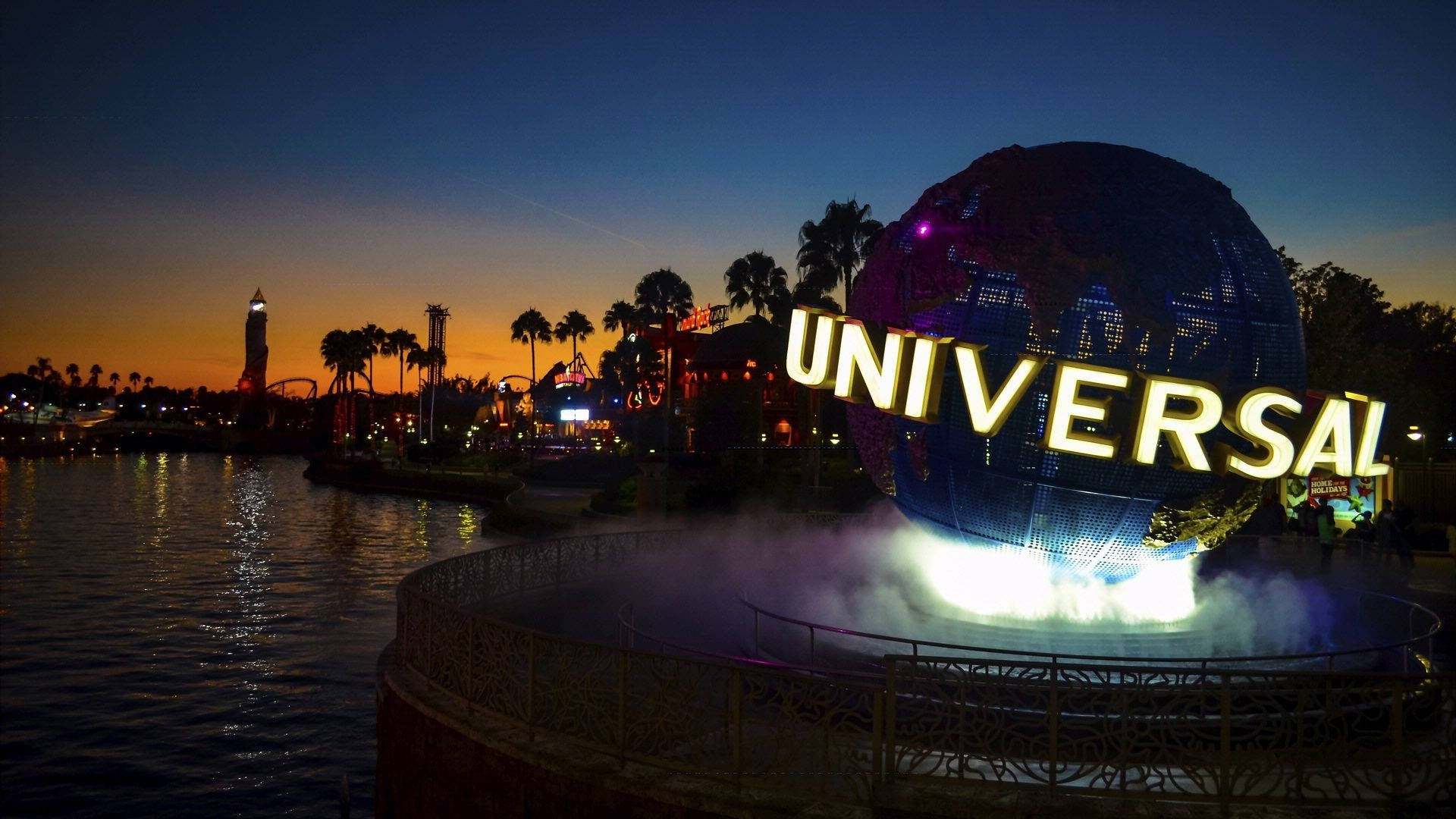 Universal Studios, globe, neon lights, Full HD Desktop Wallpaper