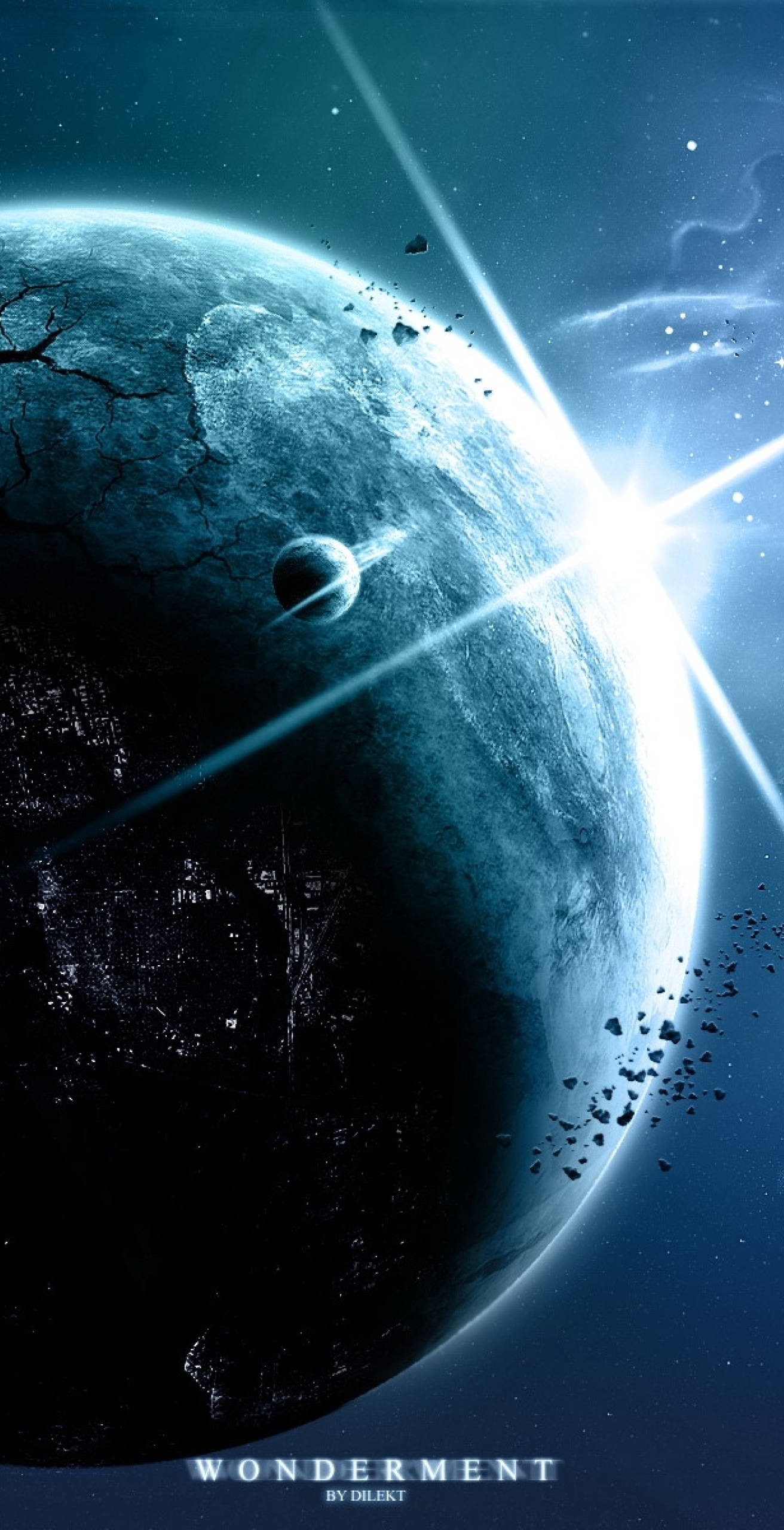 blue tinted planet, glowing sunburst, floating debris, 2K Phone Wallpaper