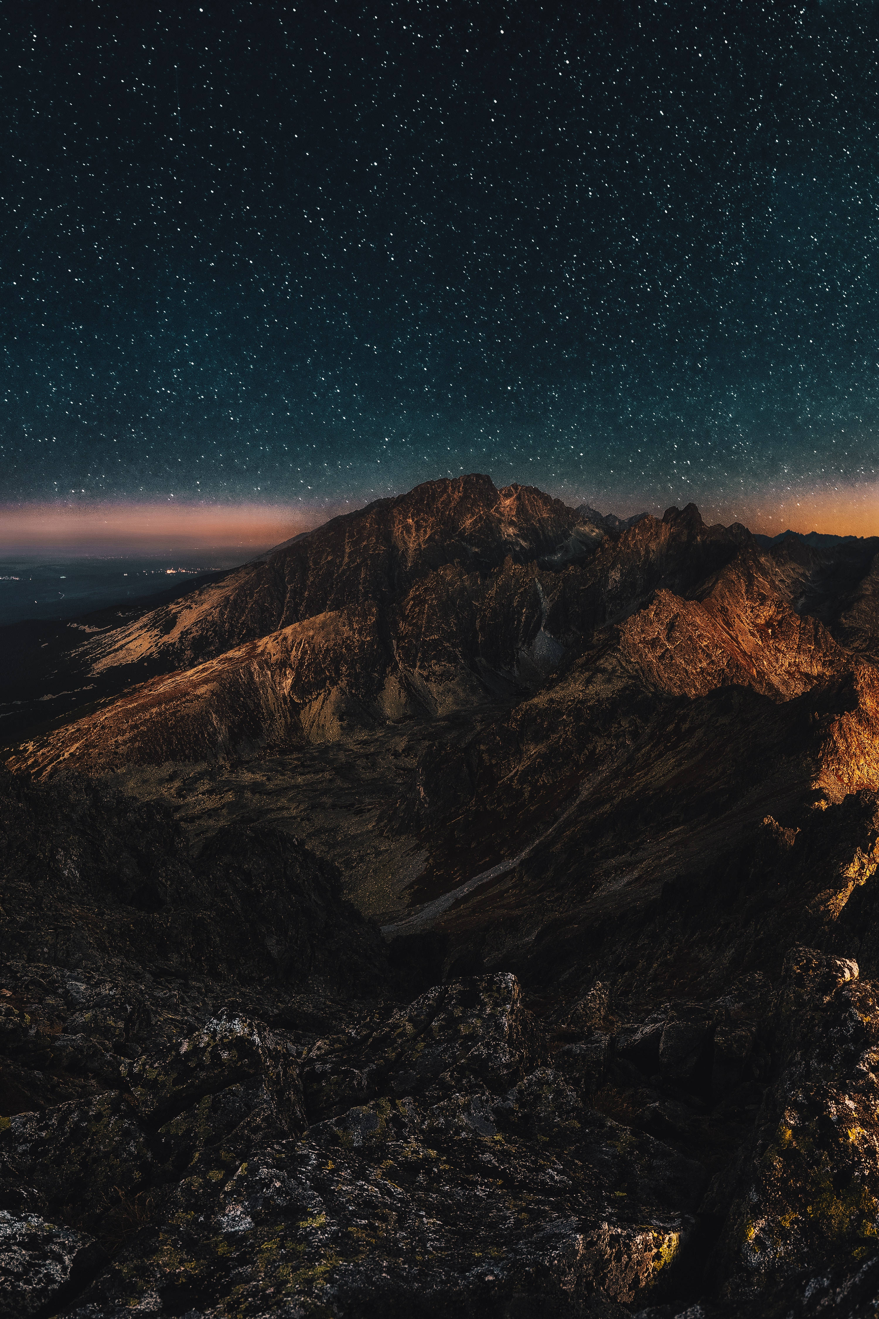 Universal Galaxy, mountain peak, golden twilight light, 4K Phone Wallpaper