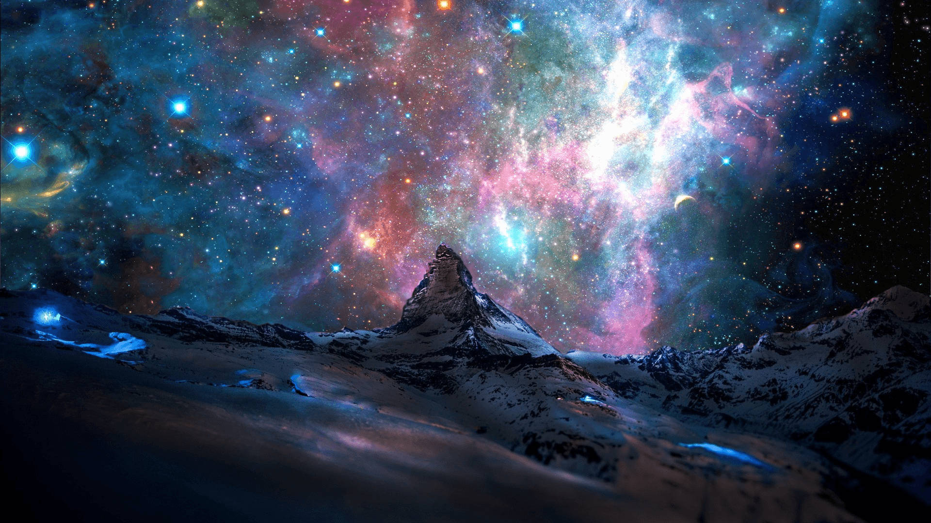 colorful galaxy, mountain peak, vibrant cosmic nebula, Full HD Desktop Wallpaper