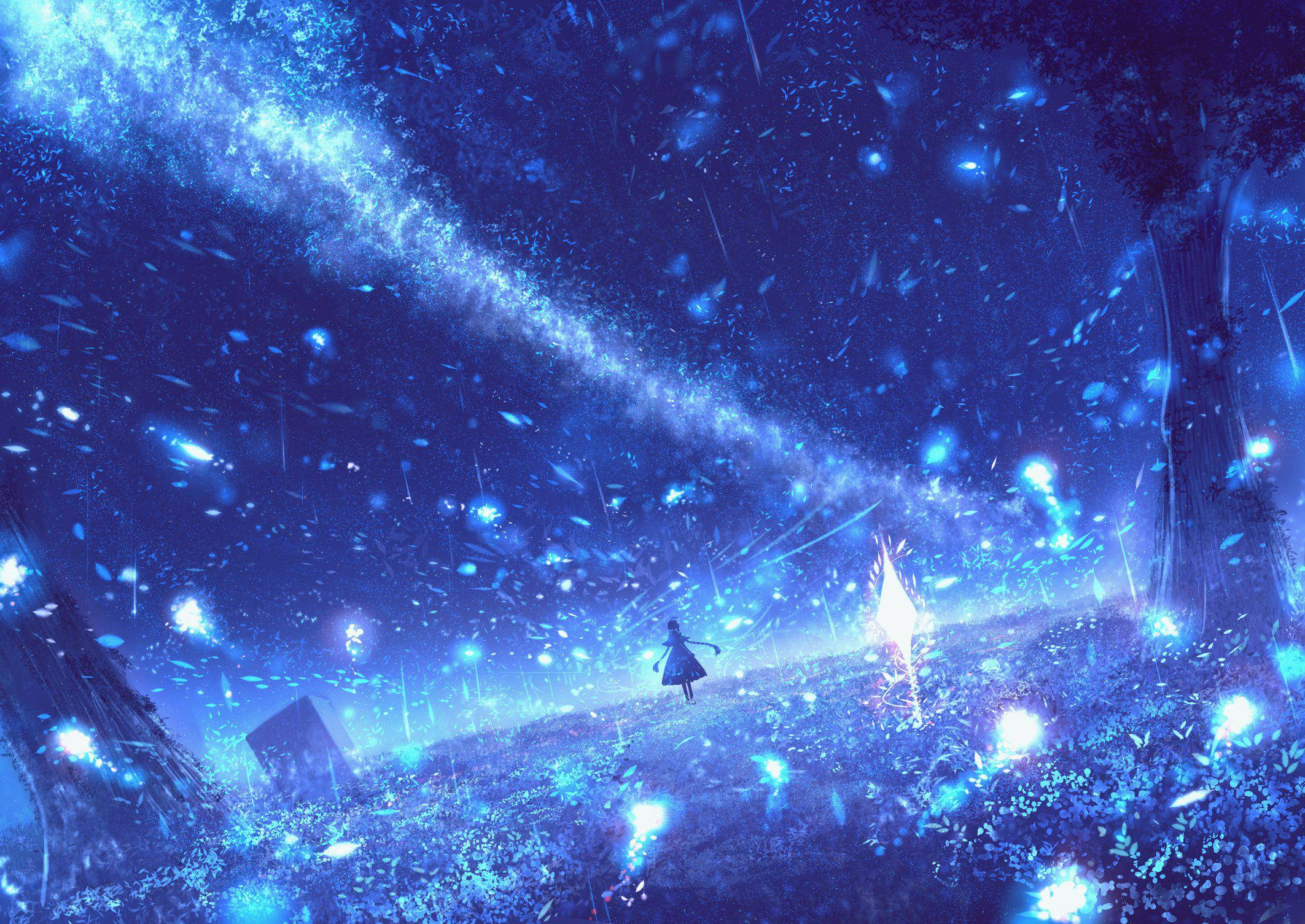 anime universal, lone figure, magical blue forest, Full HD Desktop Wallpaper