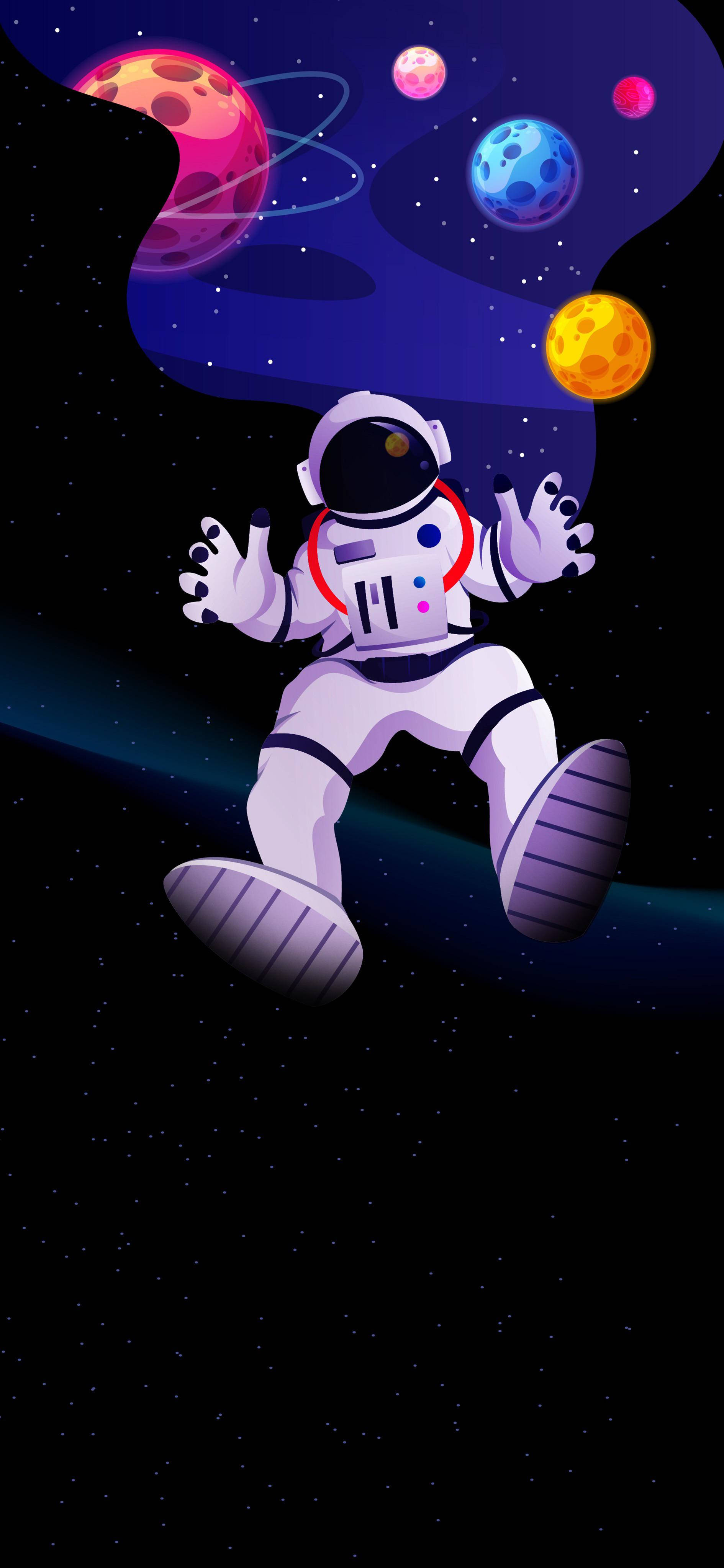 floating astronaut, space, colorful planets, 4K Phone Wallpaper