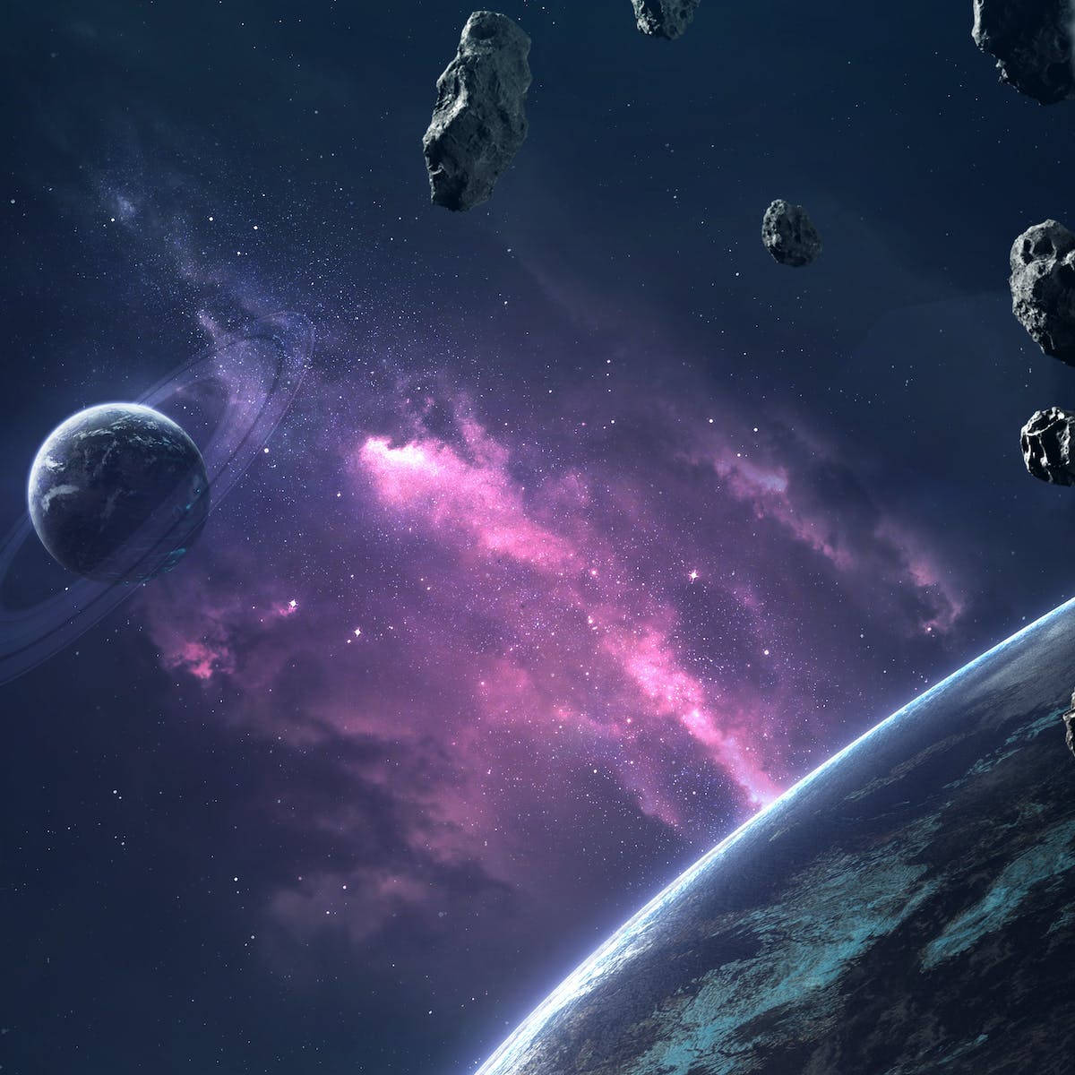 pink nebula, planets with rings, floating asteroids, SD Desktop Wallpaper