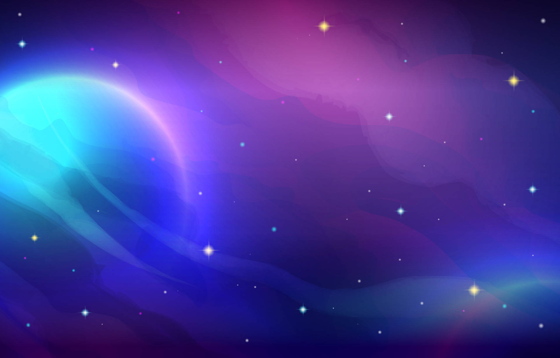 colorful space 2d illustration, swirling purple and blue nebulae, glowing golden stars, Full HD Desktop Wallpaper