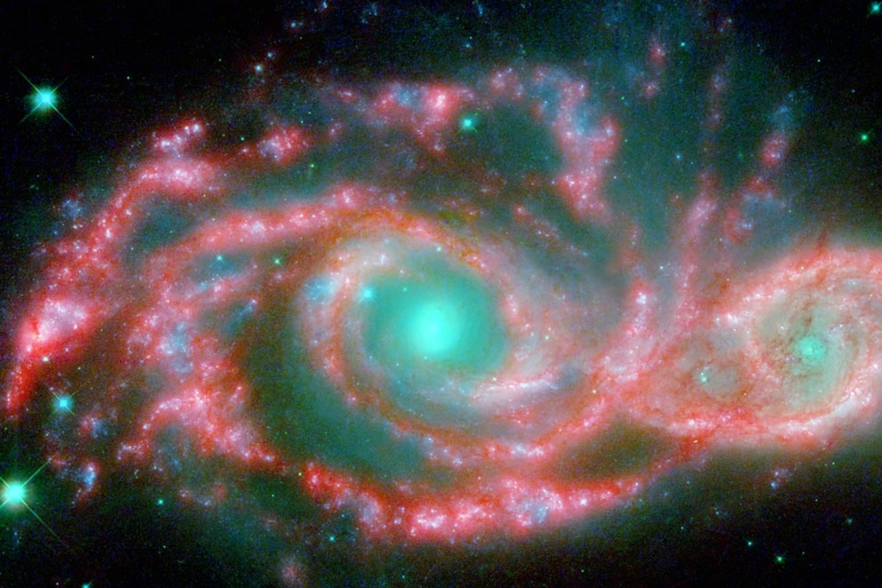 red and green galaxy universal, vibrant spiral galaxy, red and teal nebulae, 2K Desktop Wallpaper