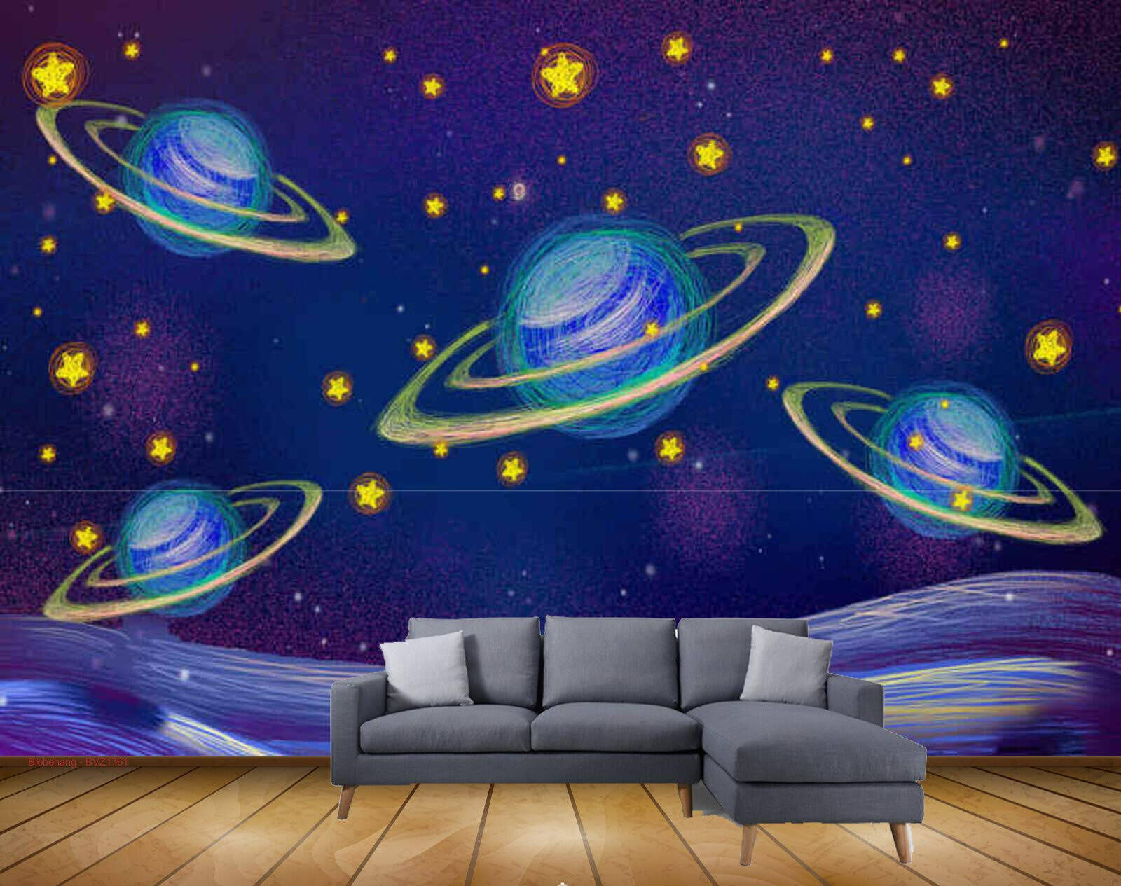 cosmic wallpaper, blue planets with rings, glowing yellow stars, HD Desktop Wallpaper