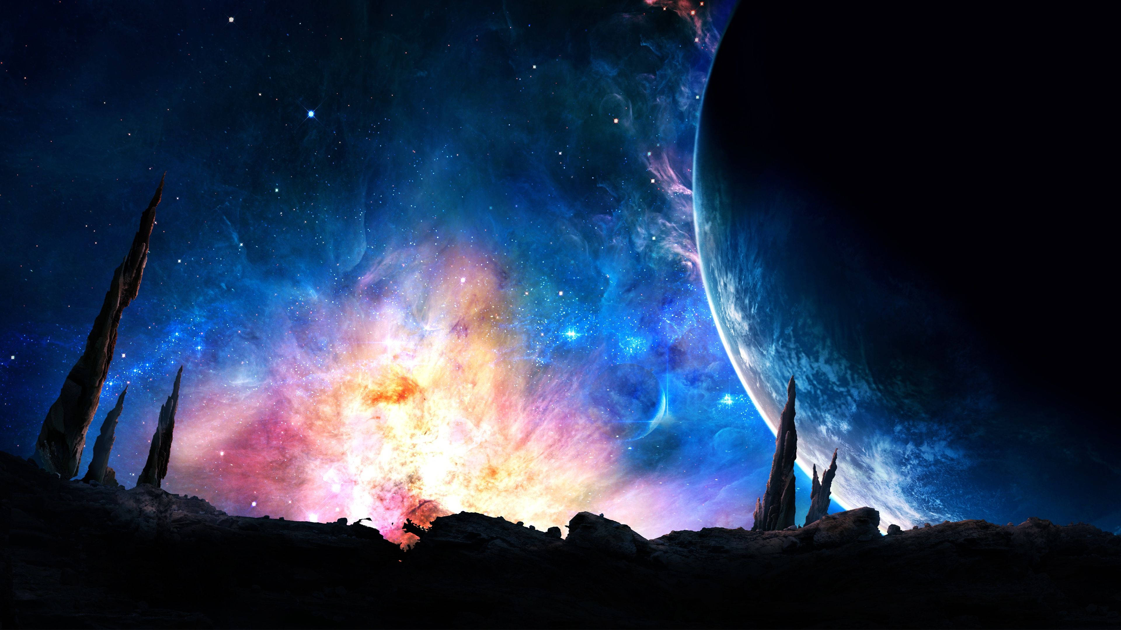 Universal, cosmic vista, jagged rock spires, 4K Desktop Wallpaper