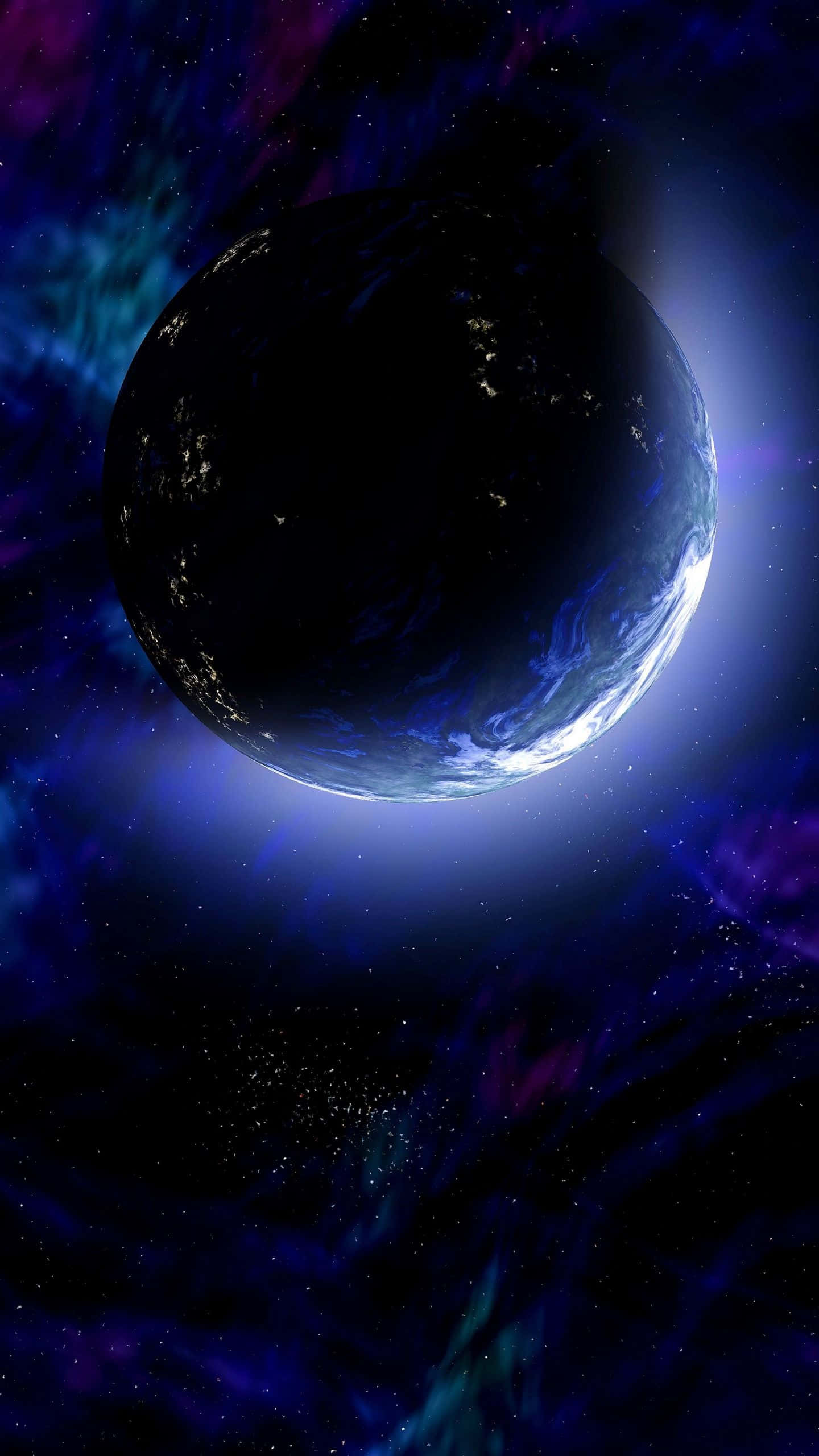 Universe iPhone, dark planet, glowing city lights, 2K Phone Wallpaper