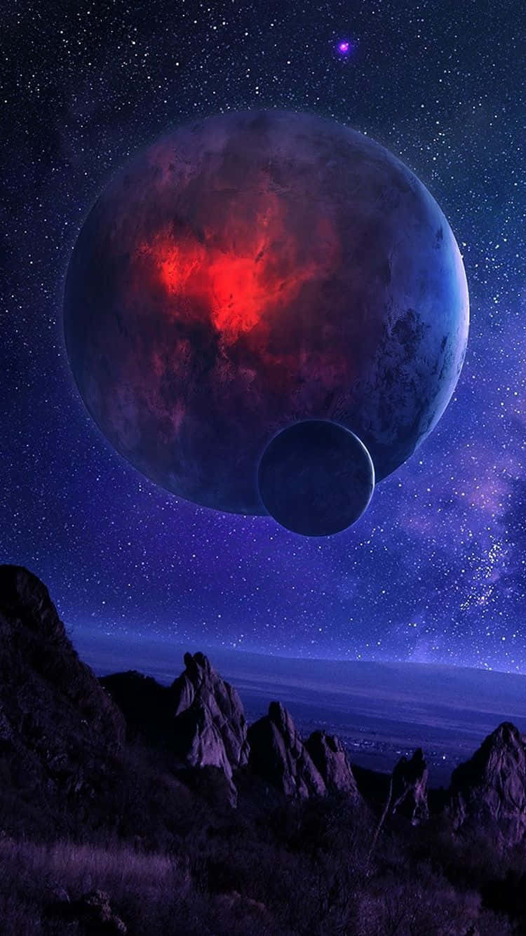 Universe iPhone, glowing red heart-shaped core, jagged mountain range, HD Phone Wallpaper