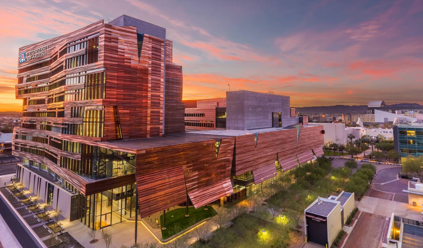 University Of Arizona, dusk, wooden-clad building, HD Desktop Wallpaper