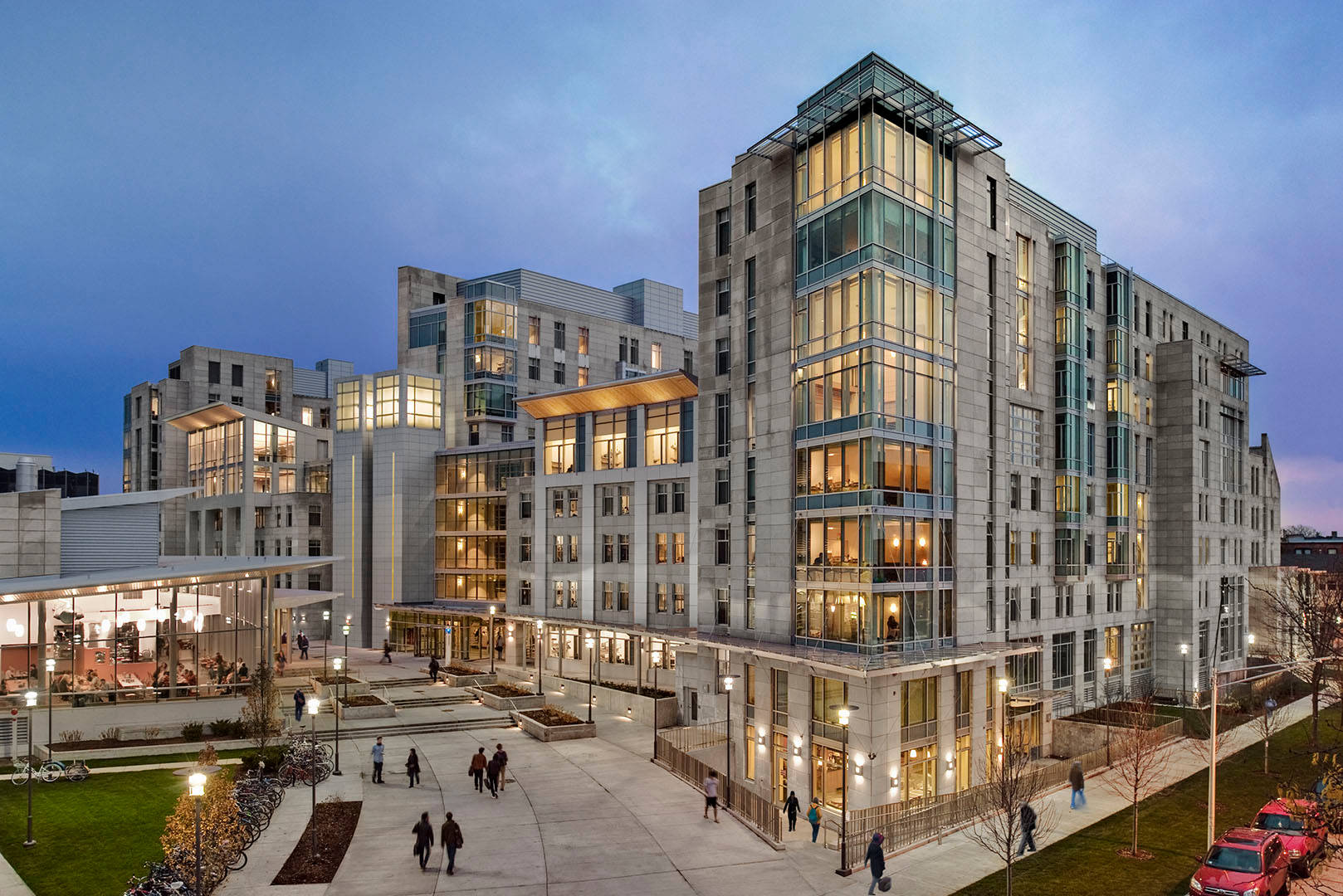 University Of Chicago, modern glass and stone buildings, twilight sky, HD Desktop Wallpaper