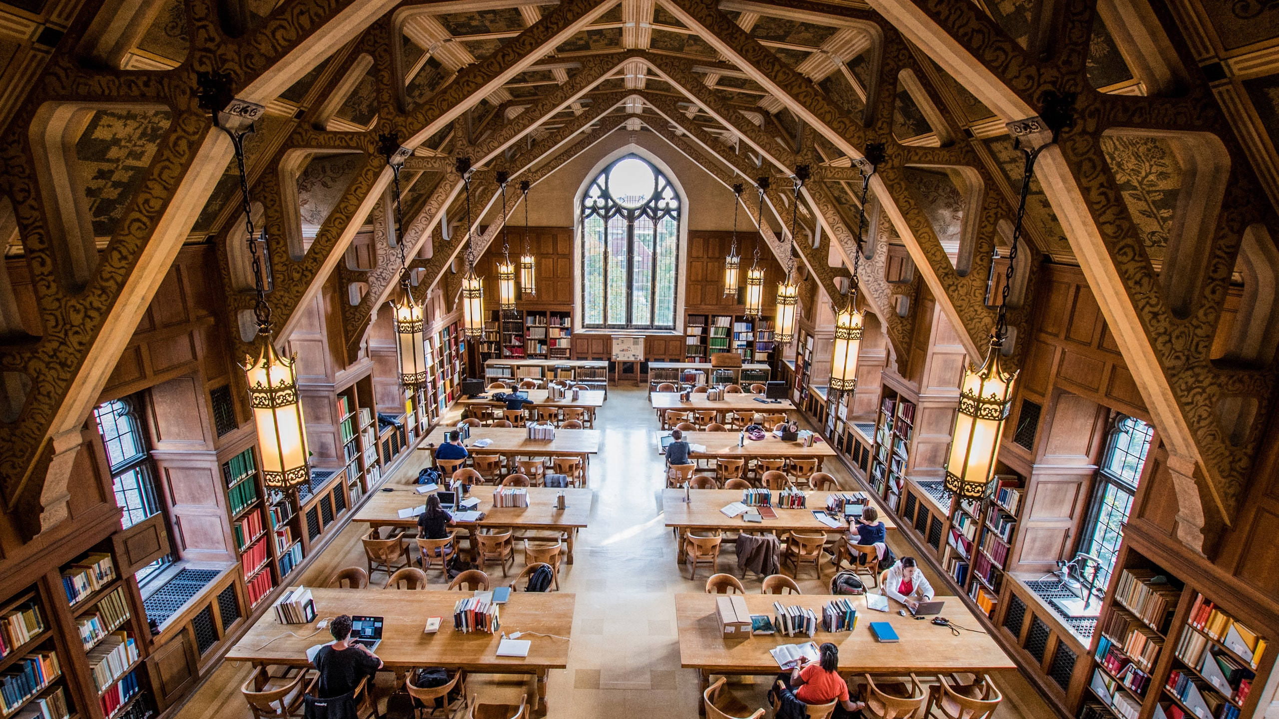University Of Chicago, study hall, wooden library, 2K Desktop Wallpaper