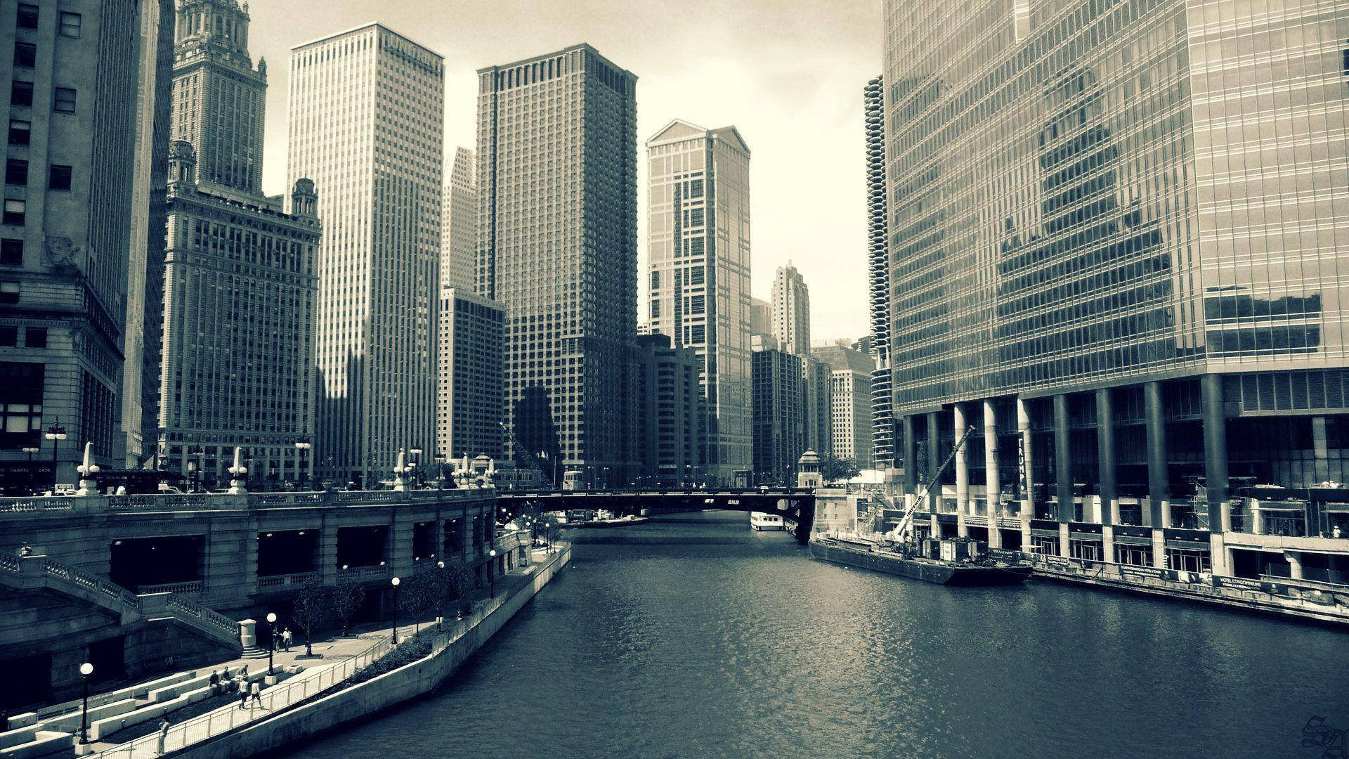 Chicago, sepia-toned, urban canal, Full HD Desktop Wallpaper