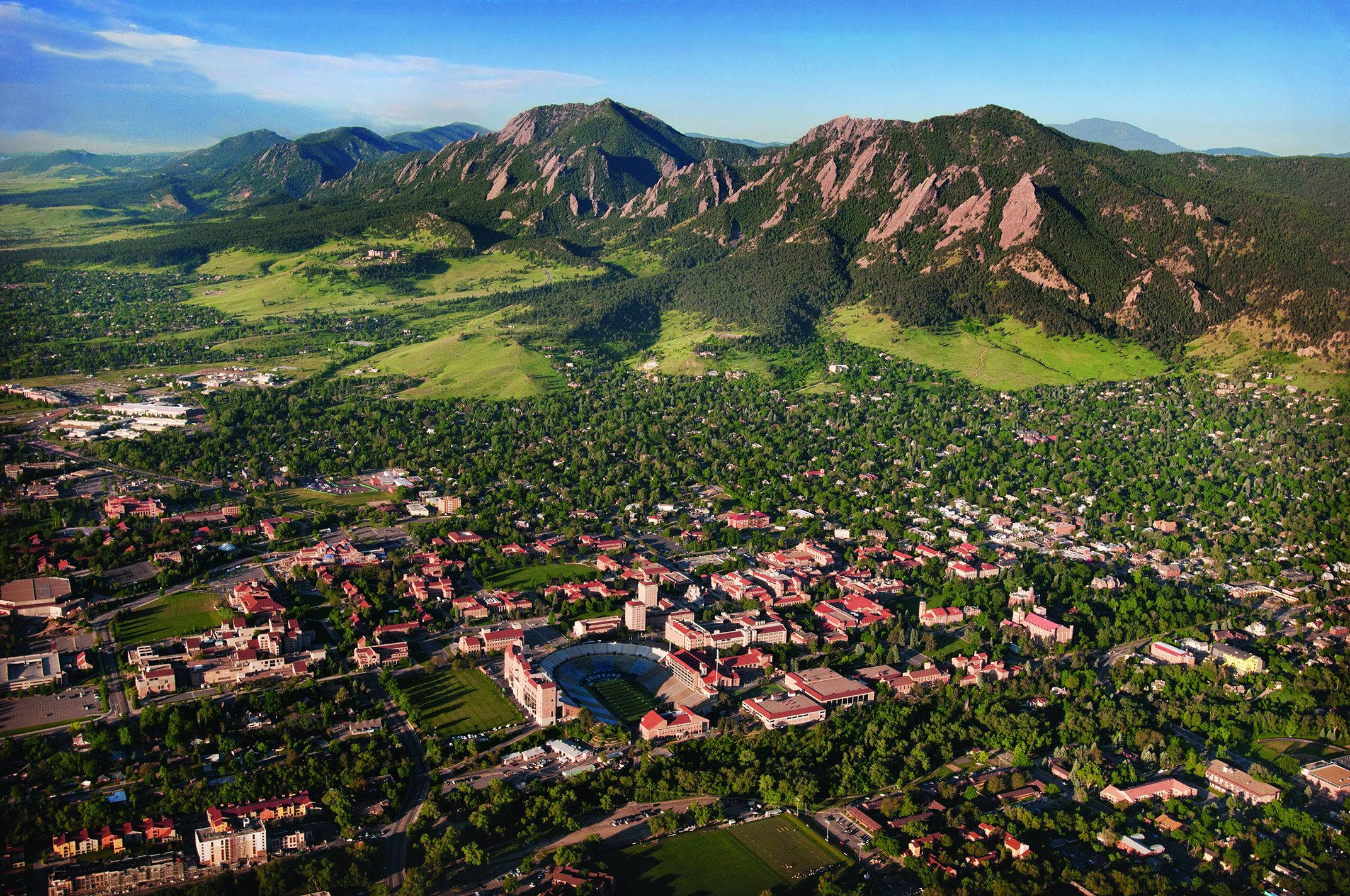 University Of Colorado At Boulder, drone shot, lush green valleys, Full HD Desktop Wallpaper