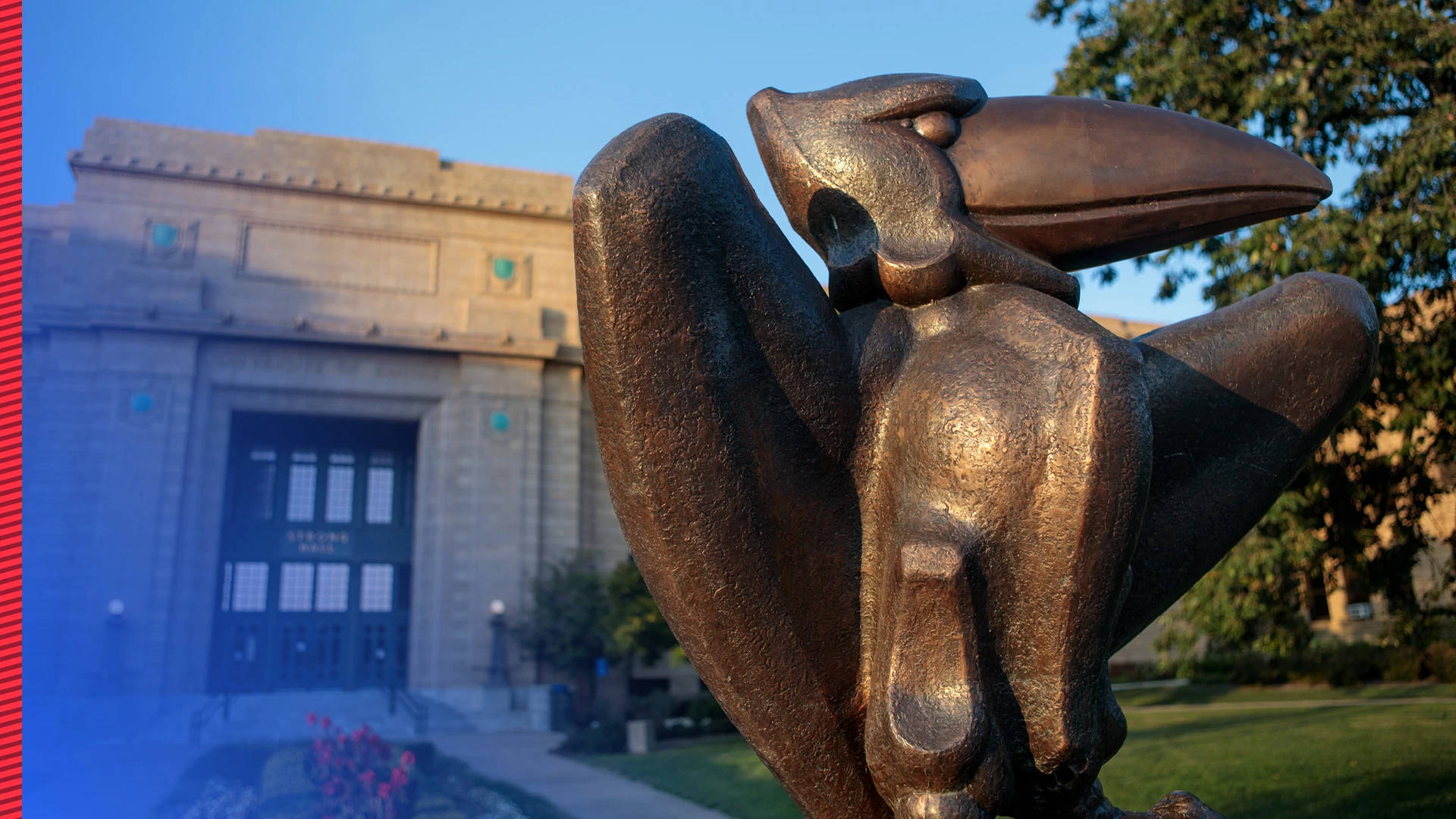 bronze Jayhawk statue, University of Kansas, stone building, Full HD Desktop Wallpaper