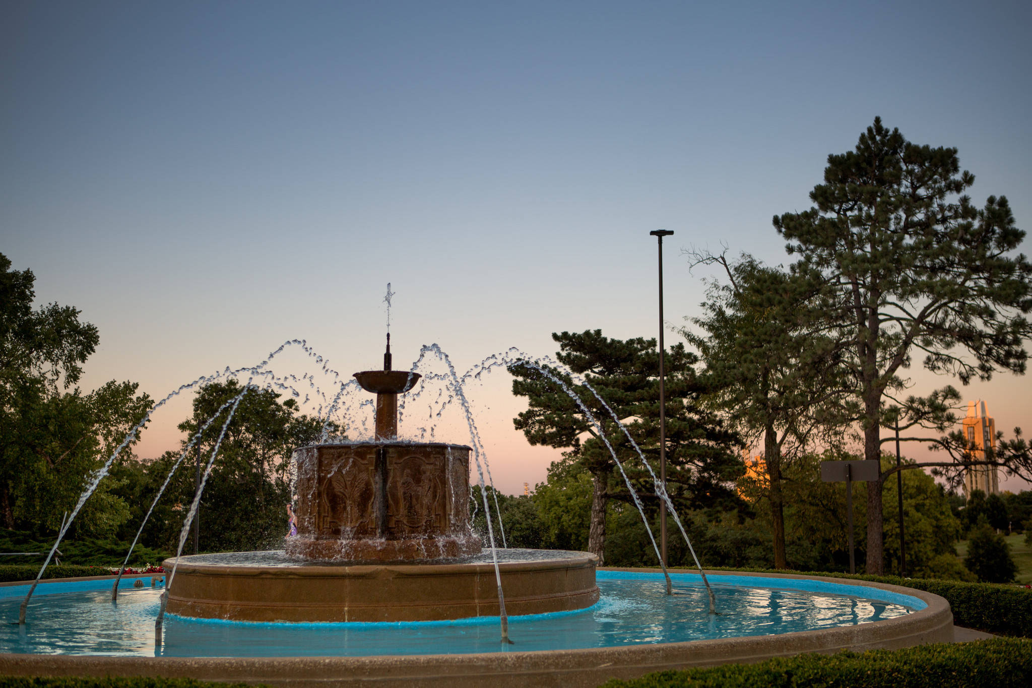 University Of Kansas, fountain, sunset, Full HD Desktop Wallpaper