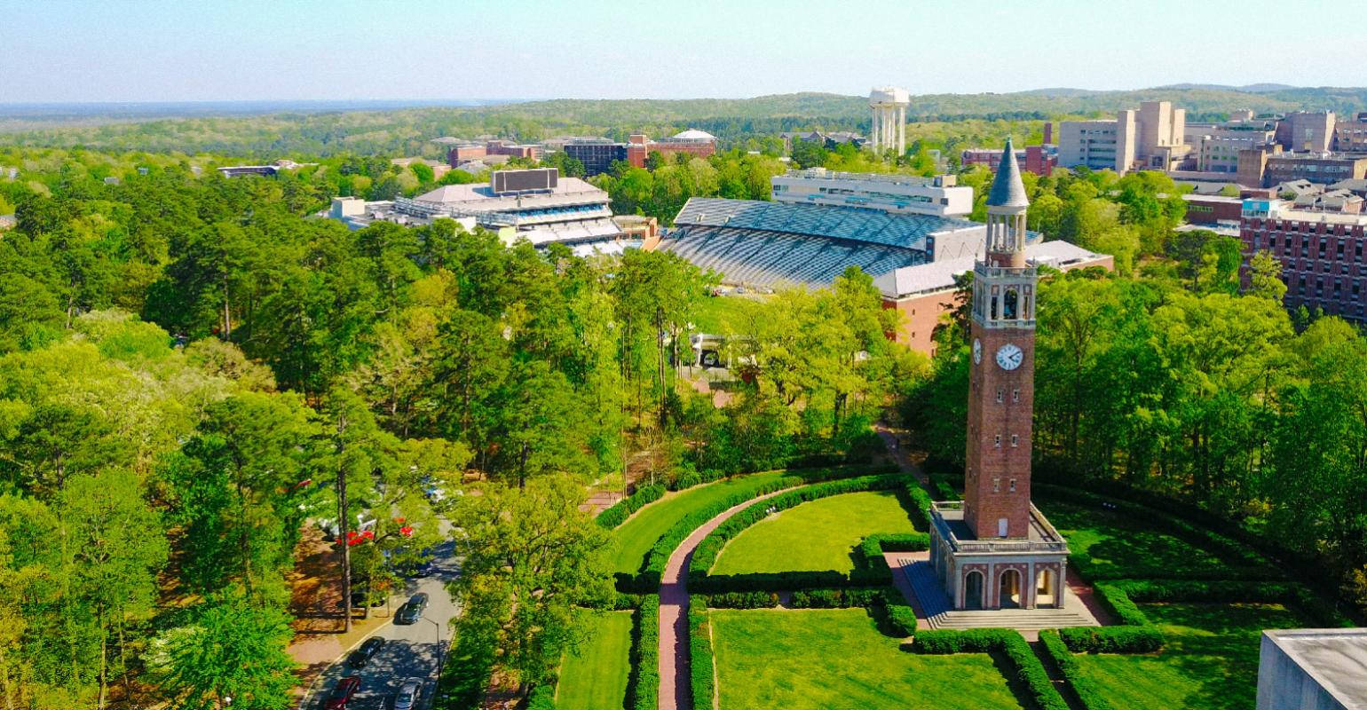 University Of North Carolina, clock tower, lush green lawns, HD Desktop Wallpaper