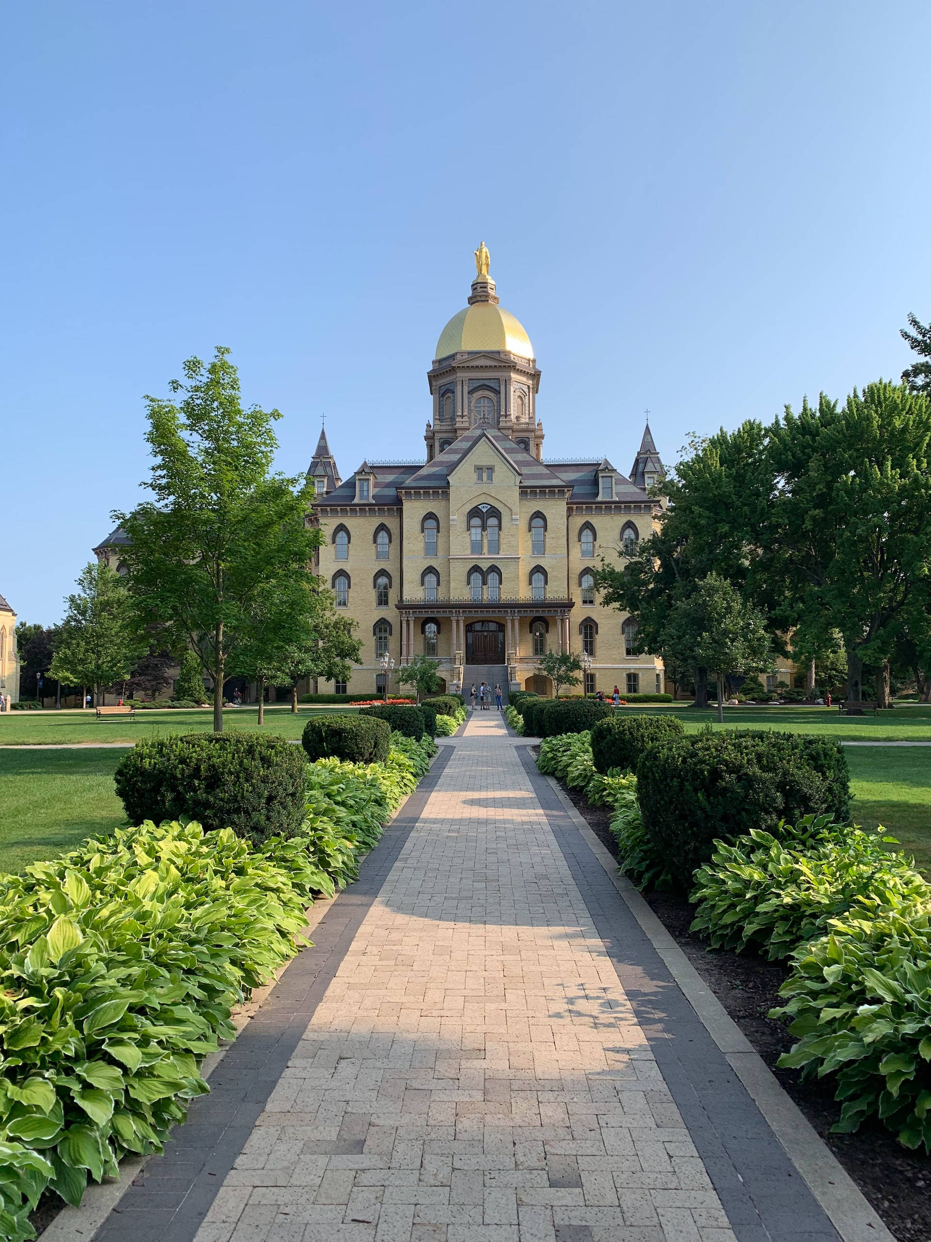 University of Notre Dame, golden dome, paved pathway, 2K Phone Wallpaper