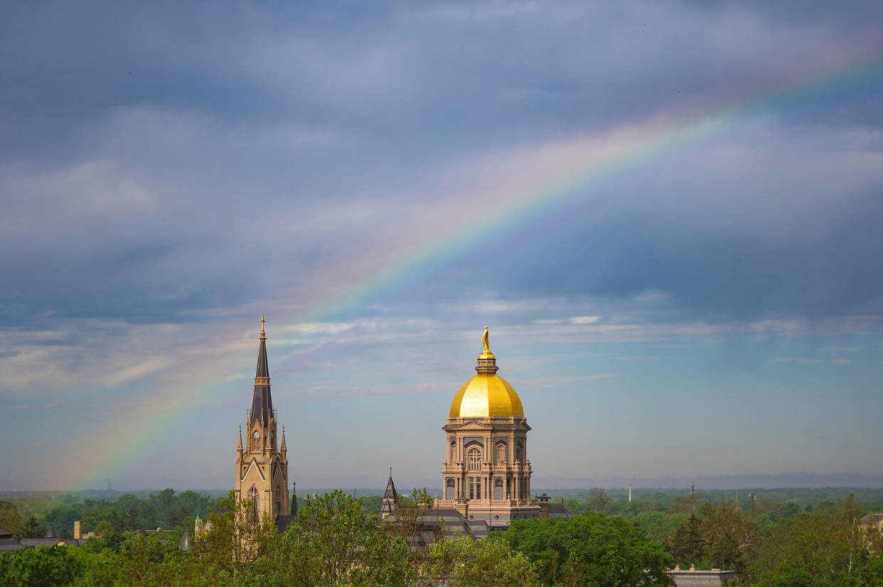 University Of Notre Dame, rainbow, golden-domed cathedral, SD Desktop Wallpaper