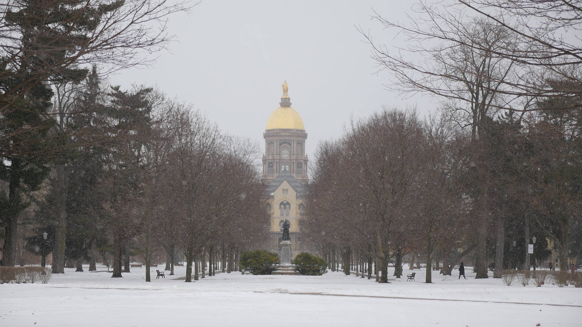 University Of Notre Dame, snow-covered park pathway, grand building, Full HD Desktop Wallpaper