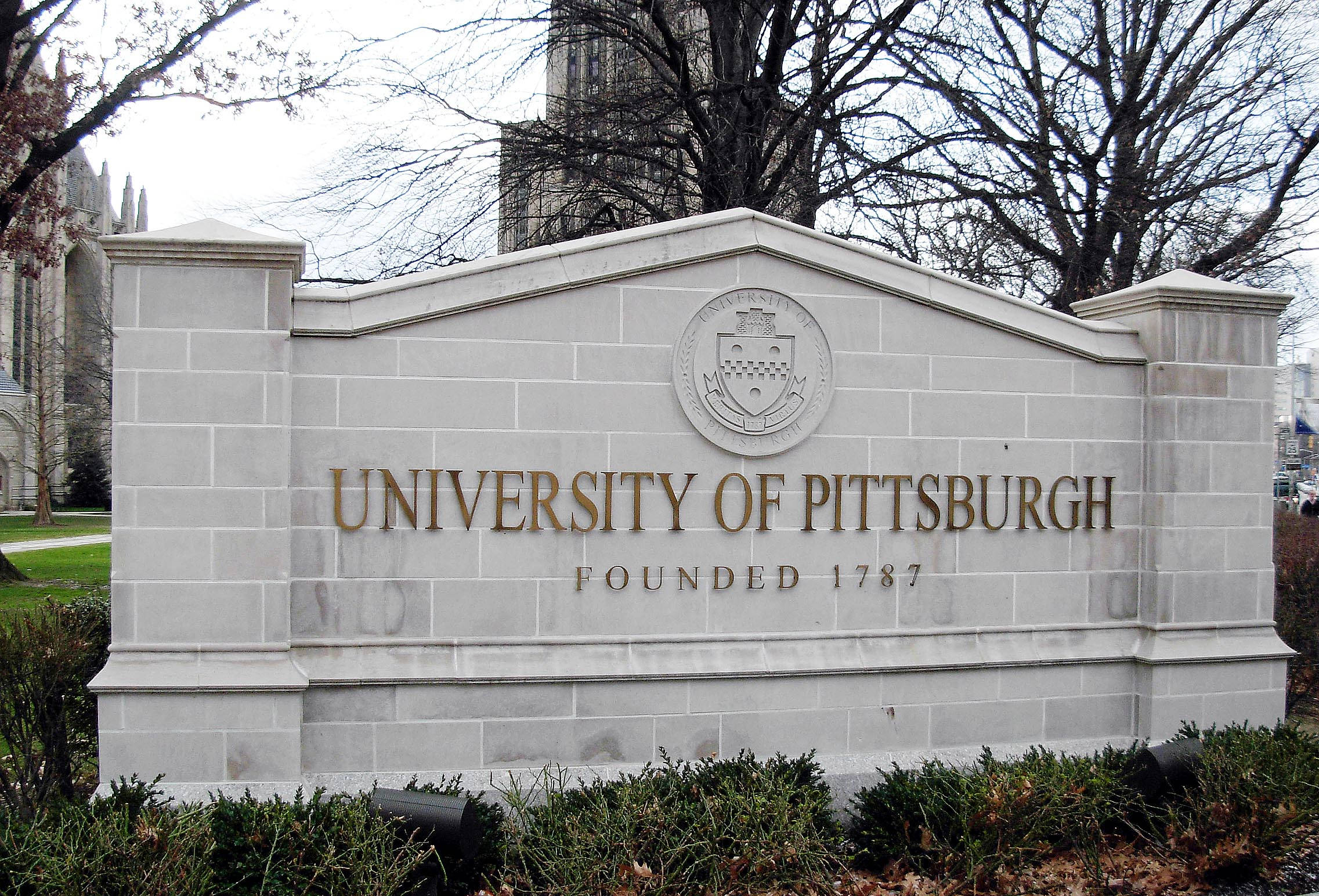 University of Pittsburgh, stone sign, Gothic architecture, Full HD Desktop Wallpaper