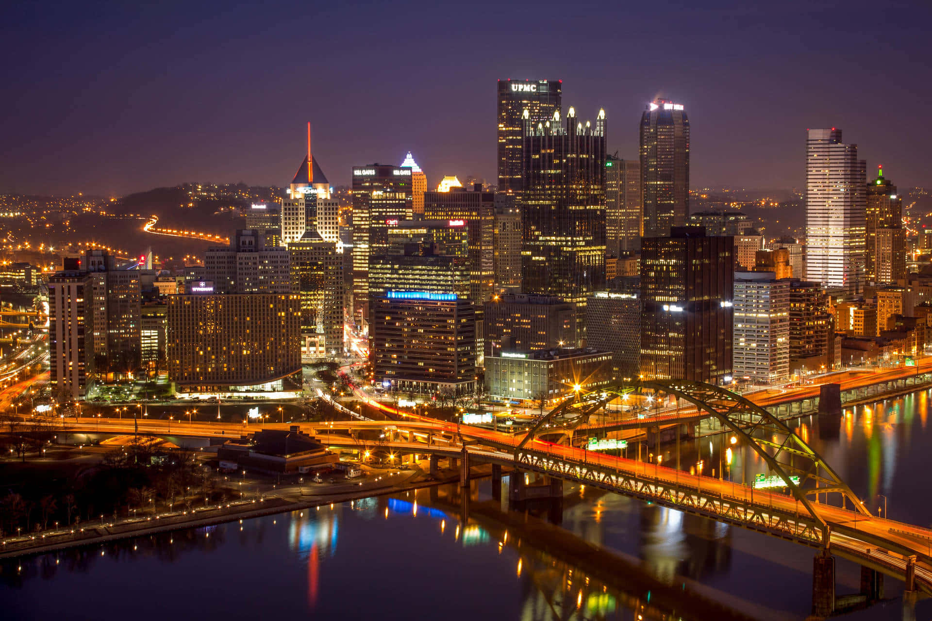 Pittsburgh skyline, nighttime cityscape, illuminated skyscrapers, Full HD Desktop Wallpaper