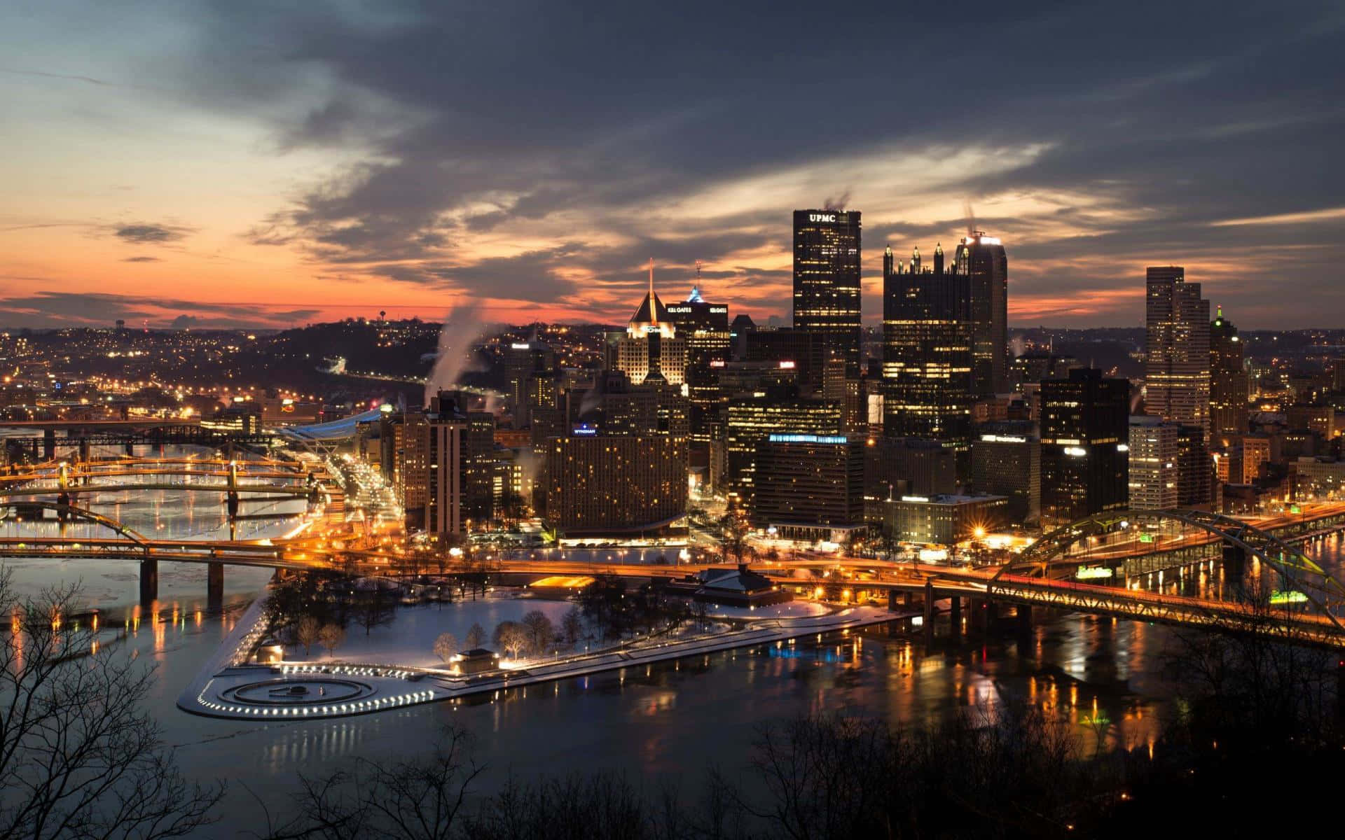Pittsburgh Skyline, dusk, glowing skyscrapers, Full HD Desktop Wallpaper