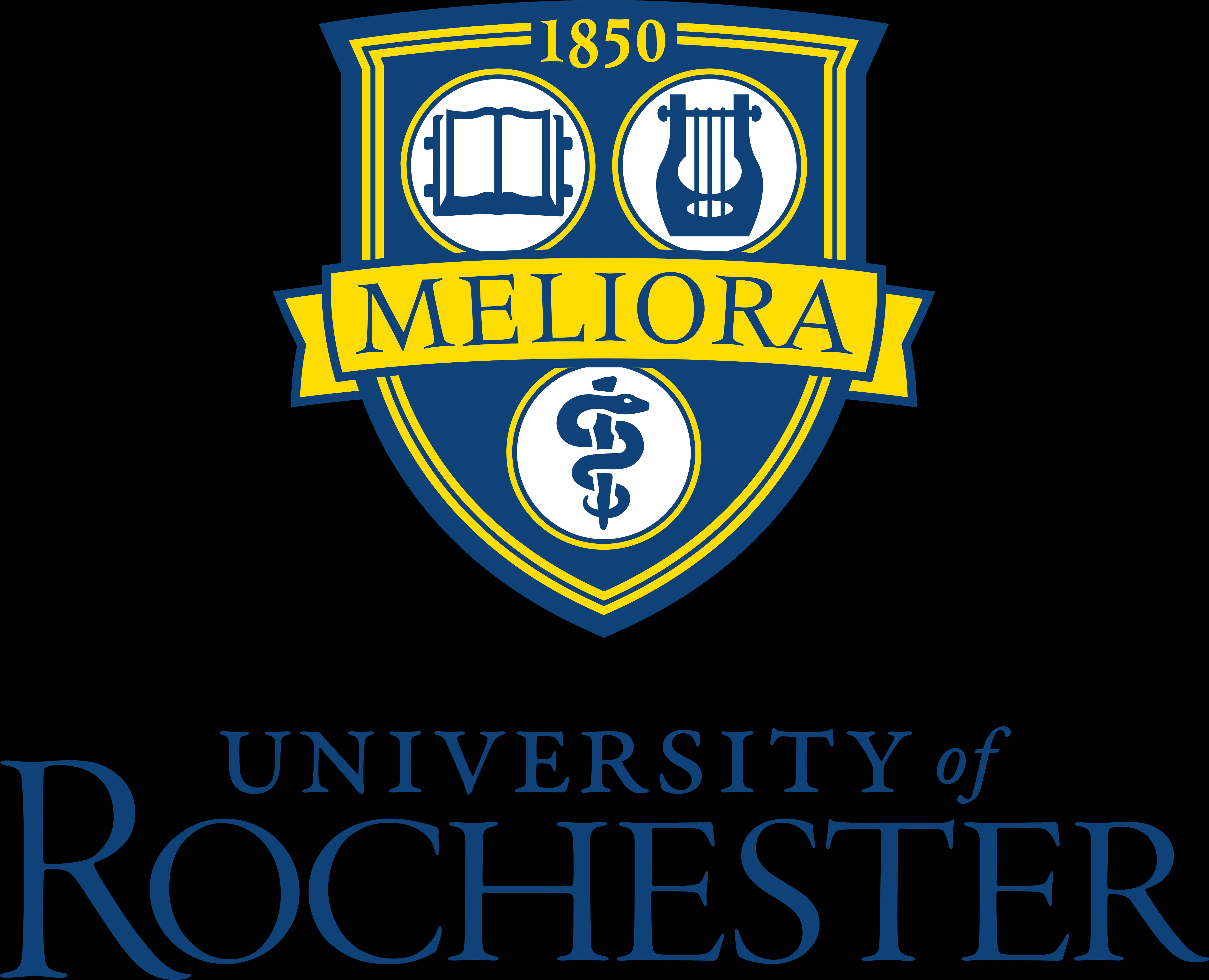 University Of Rochester, blue and gold shield, book lyre, 4K Desktop Wallpaper