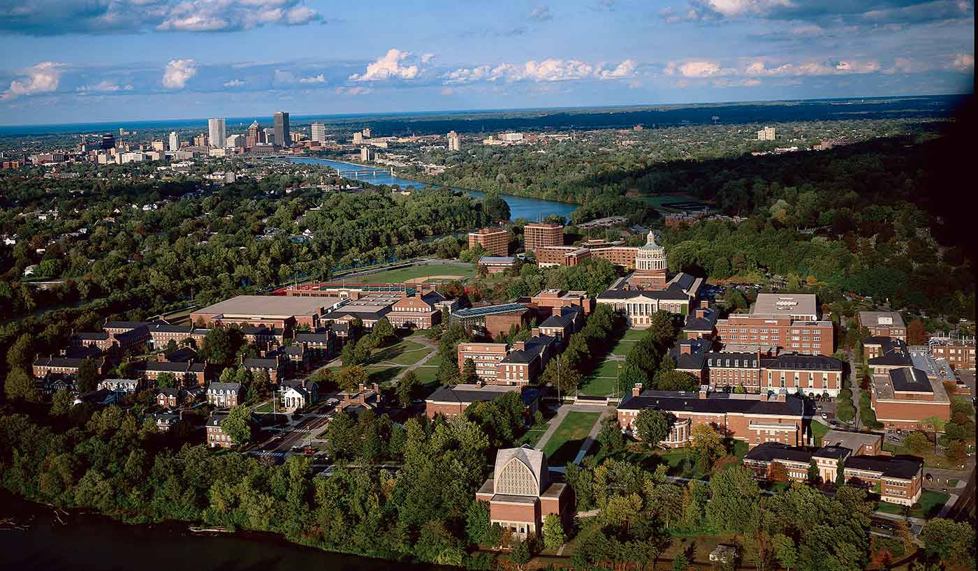 University Of Rochester, red brick buildings, lush green trees, HD Desktop Wallpaper