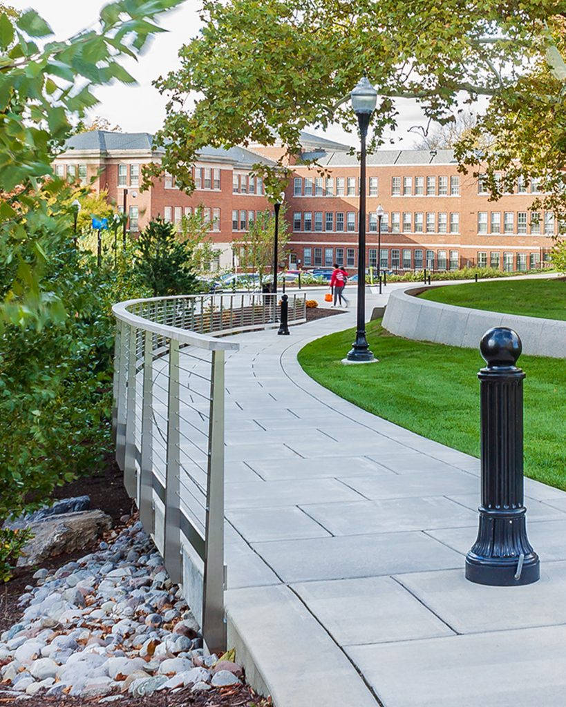 University Of Rochester, curved stone pathway, green lawns, SD Phone Wallpaper